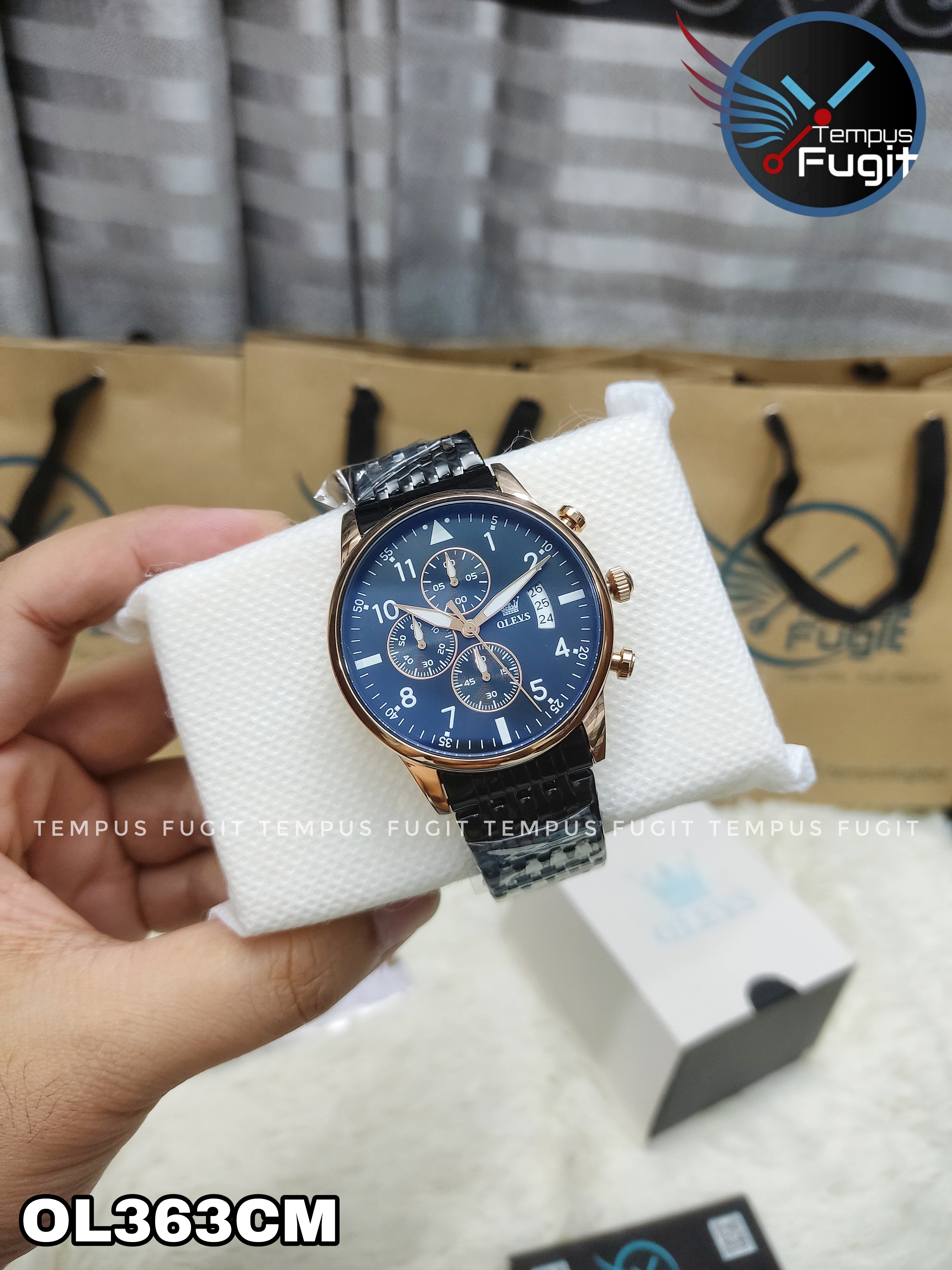 OLEVS 2869 Gents Chronograph Watch-Black Dial-Rose Golden Bezel-Black Chain-TF Code- OL363CM_img_1