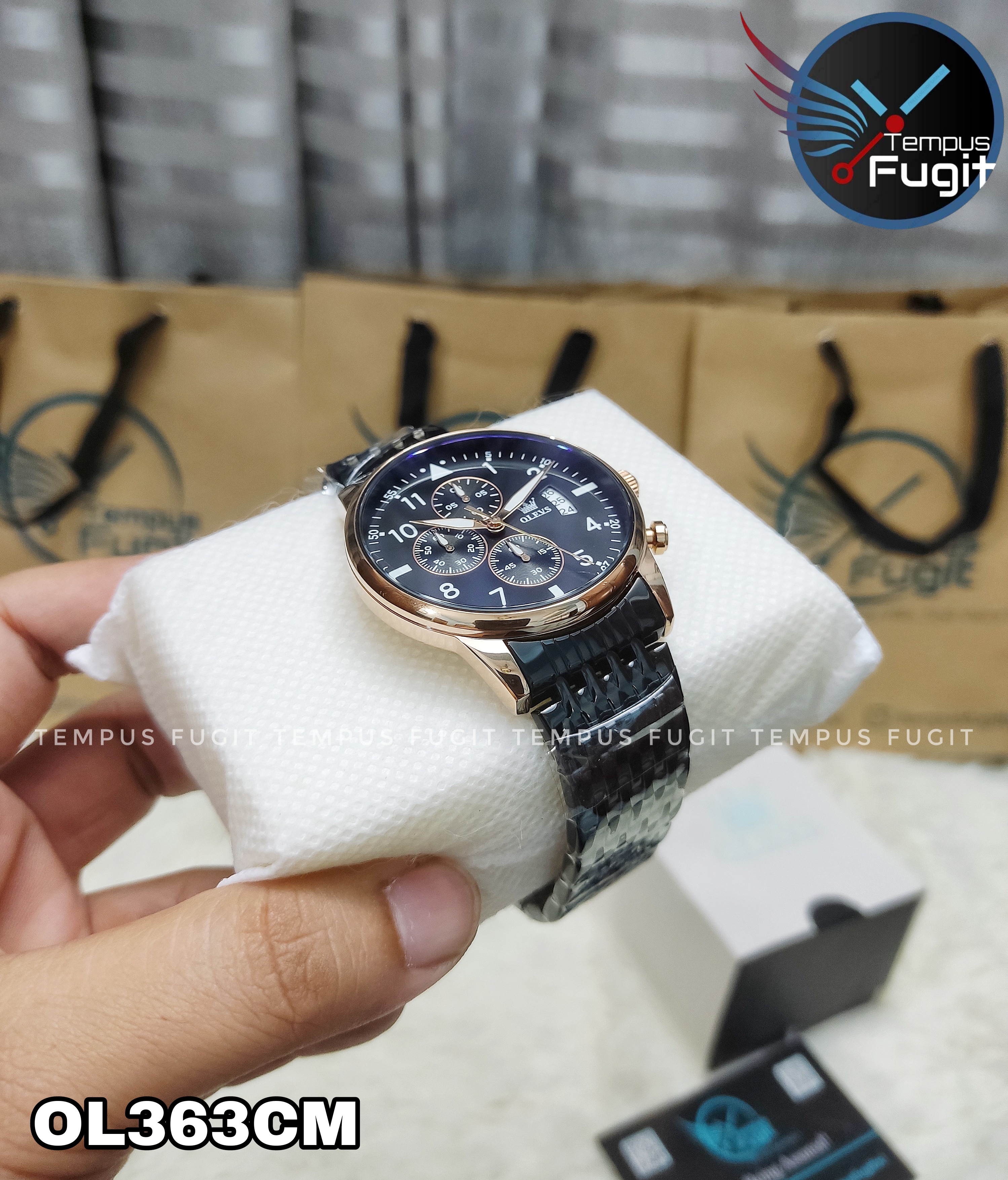 OLEVS 2869 Gents Chronograph Watch-Black Dial-Rose Golden Bezel-Black Chain-TF Code- OL363CM_img_2