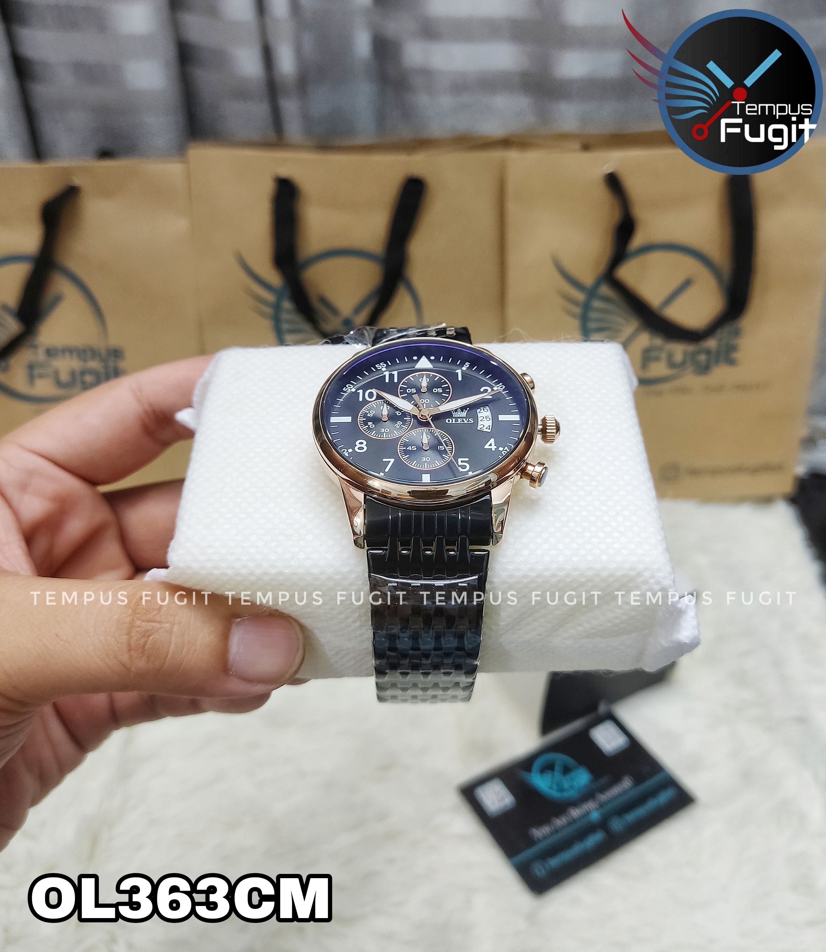 OLEVS 2869 Gents Chronograph Watch-Black Dial-Rose Golden Bezel-Black Chain-TF Code- OL363CM_img_3