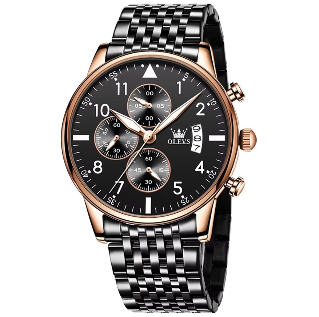 OLEVS 2869 Gents Chronograph Watch-Black Dial-Rose Golden Bezel-Black Chain-TF Code- OL363CM_img_0