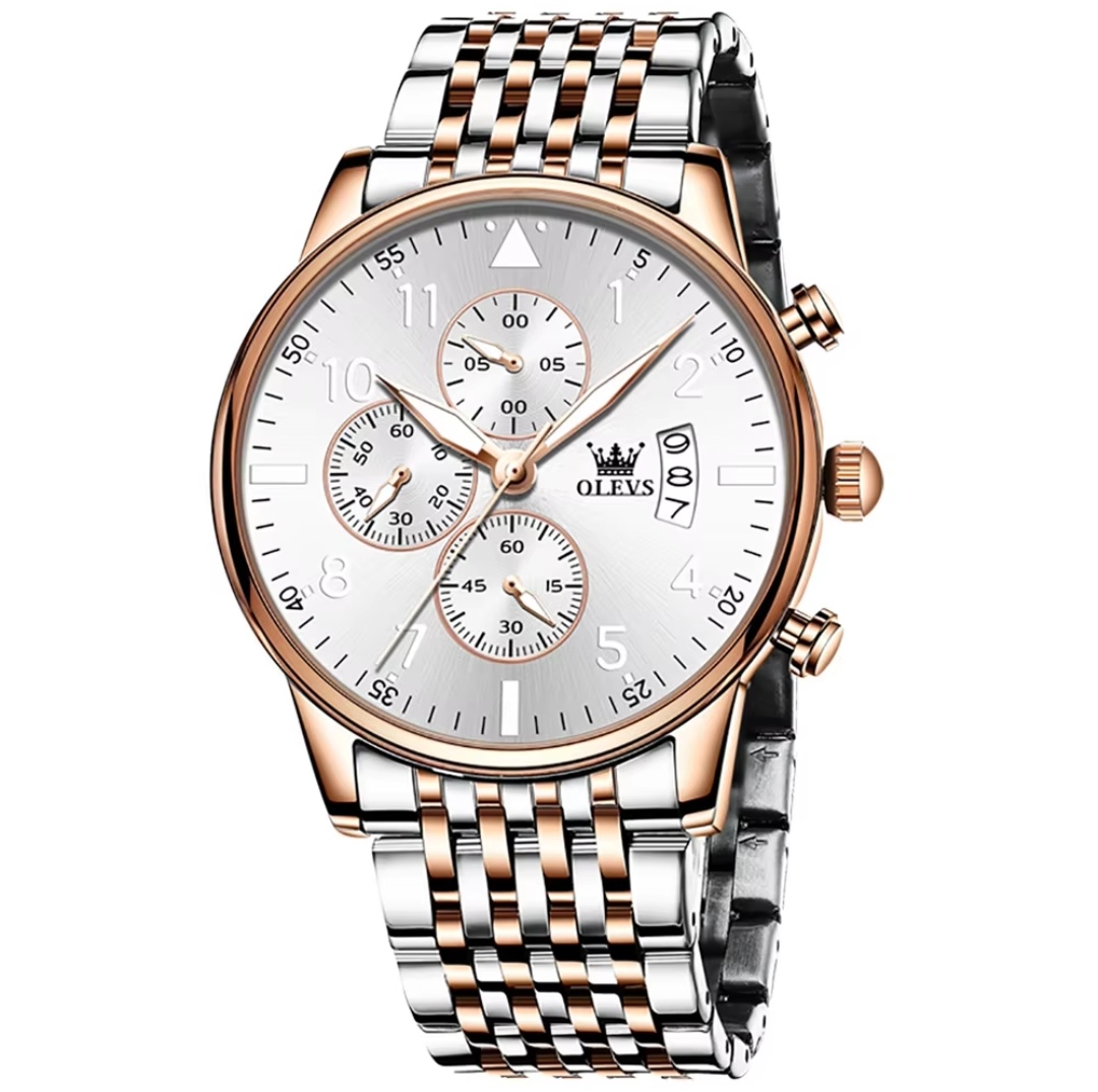 OLEVS 2869 Gents Chronograph Watch Silver Dial Rose Golden Bezel Silver+Rose Golden Chain -TF Code- OL652CM_img_0