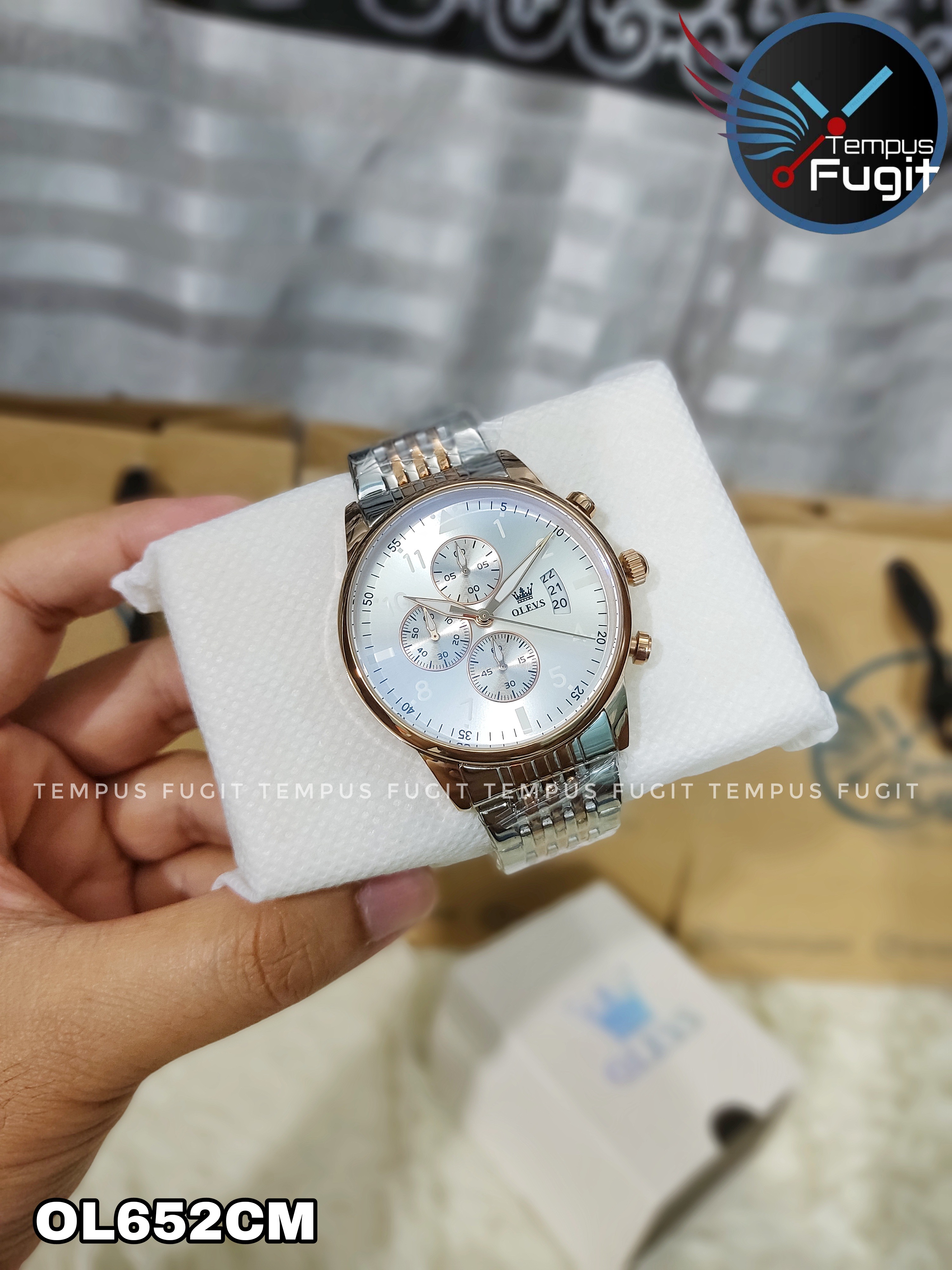 OLEVS 2869 Gents Chronograph Watch Silver Dial Rose Golden Bezel Silver+Rose Golden Chain -TF Code- OL652CM_img_1