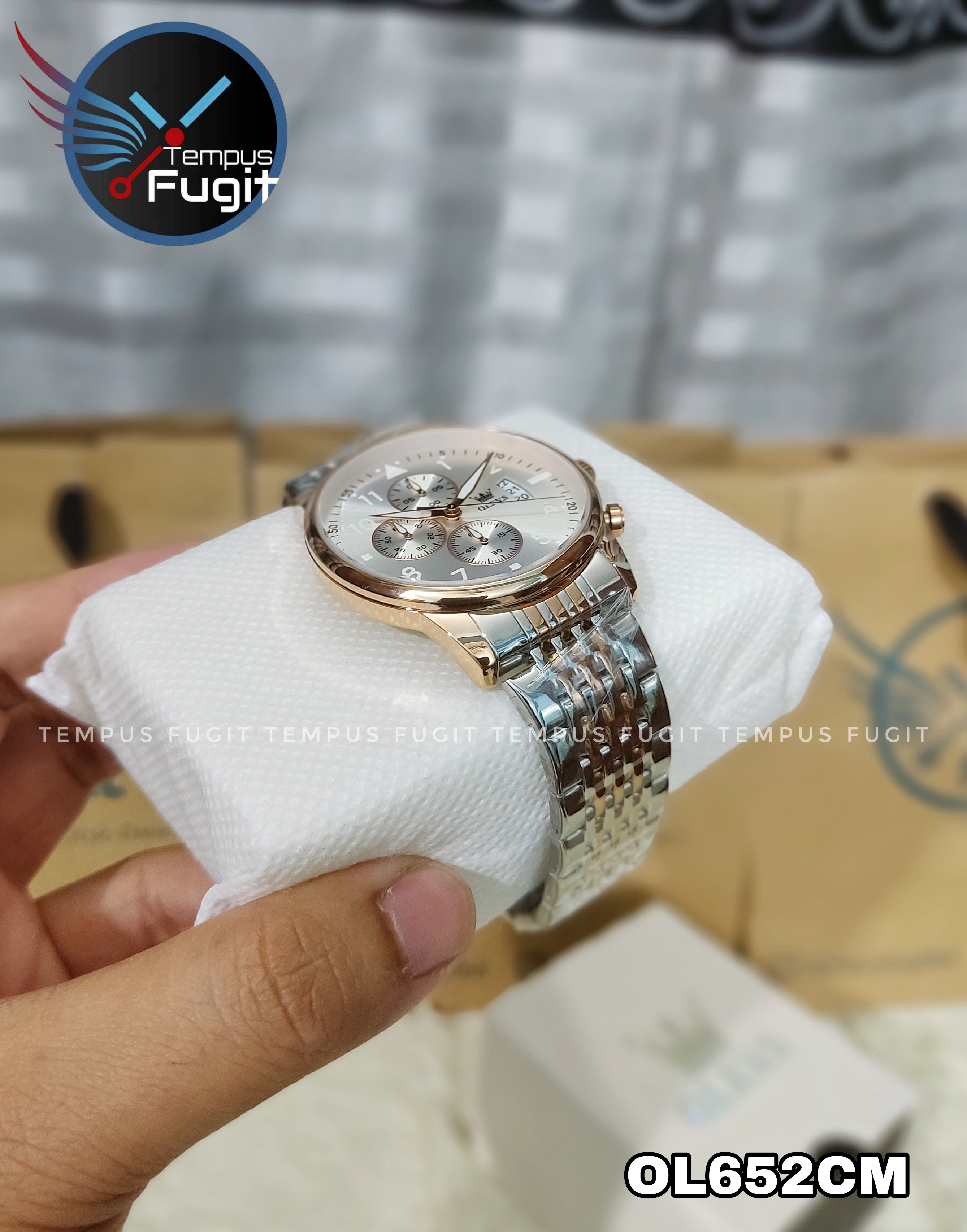 OLEVS 2869 Gents Chronograph Watch Silver Dial Rose Golden Bezel Silver+Rose Golden Chain -TF Code- OL652CM_img_2