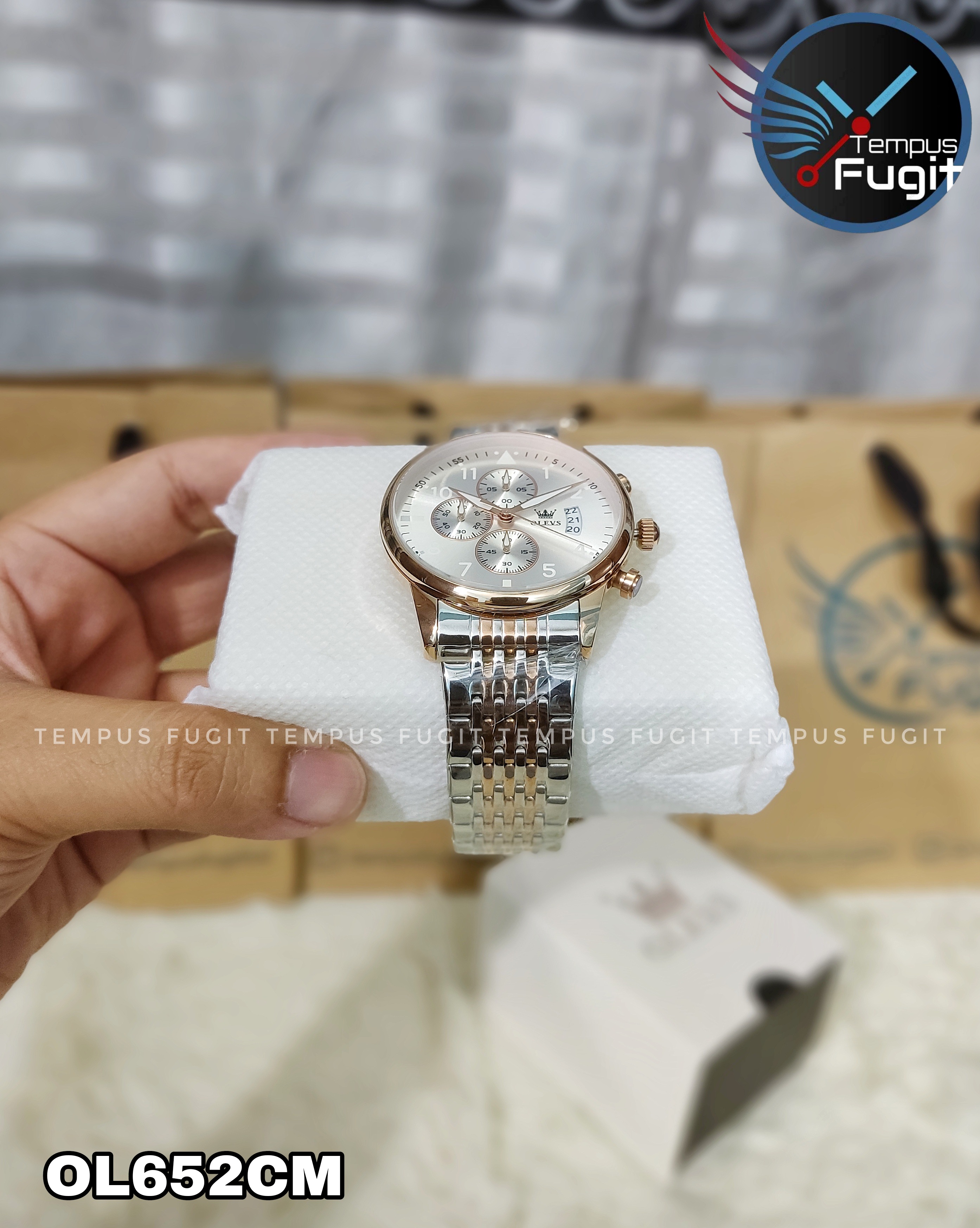 OLEVS 2869 Gents Chronograph Watch Silver Dial Rose Golden Bezel Silver+Rose Golden Chain -TF Code- OL652CM_img_3