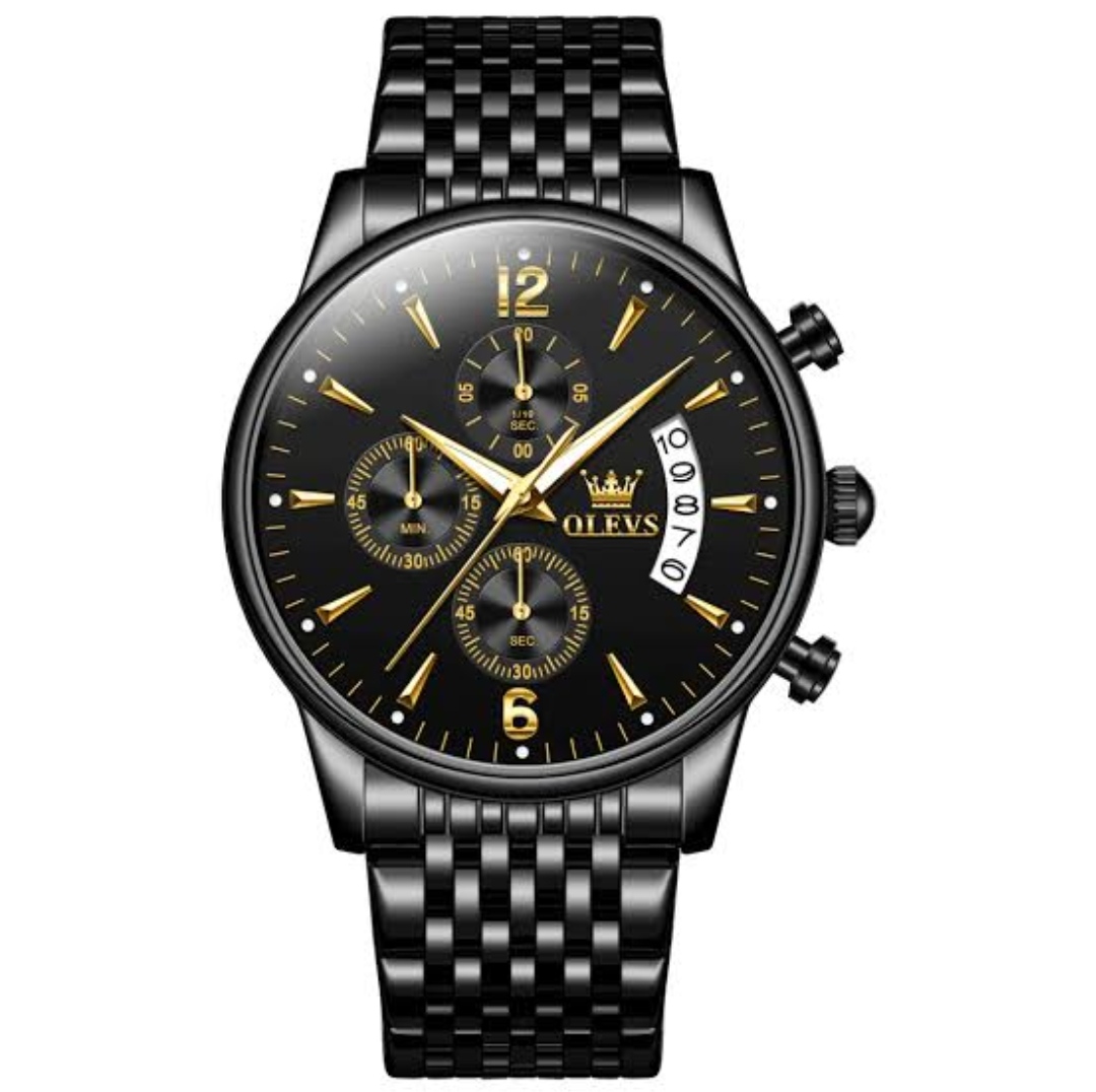 OLEVS 2867 Chronograph Gents Watch- Black Dial With Golden Markings- Black Bezel- Black Chain- TF Code OL653CM_img_0
