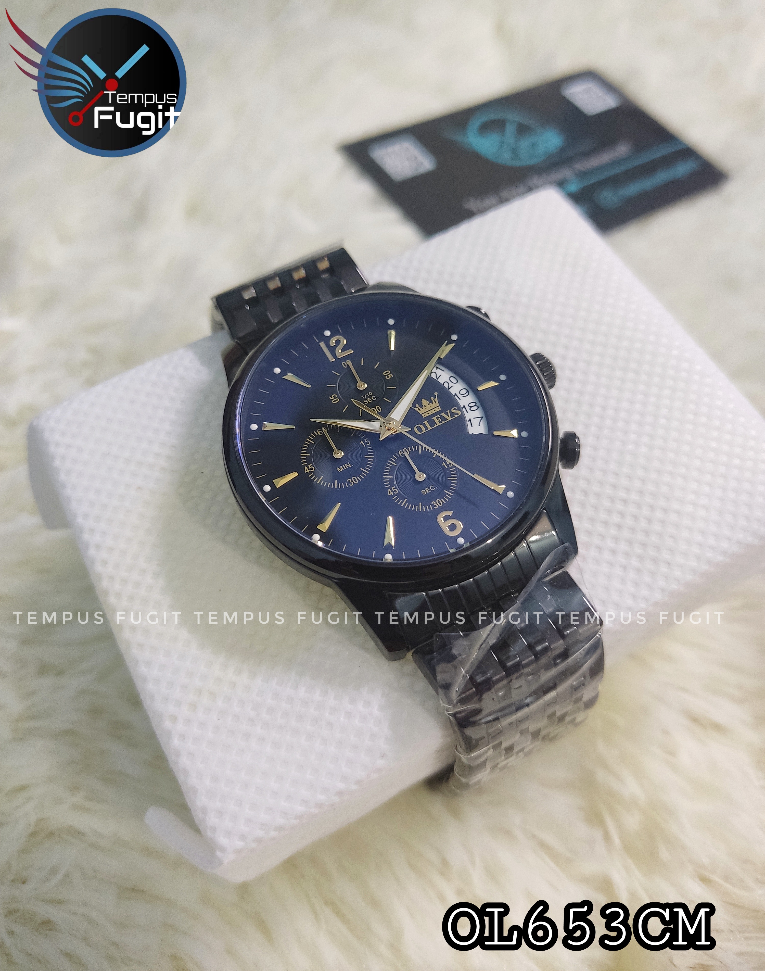 OLEVS 2867 Chronograph Gents Watch- Black Dial With Golden Markings- Black Bezel- Black Chain- TF Code OL653CM_img_1