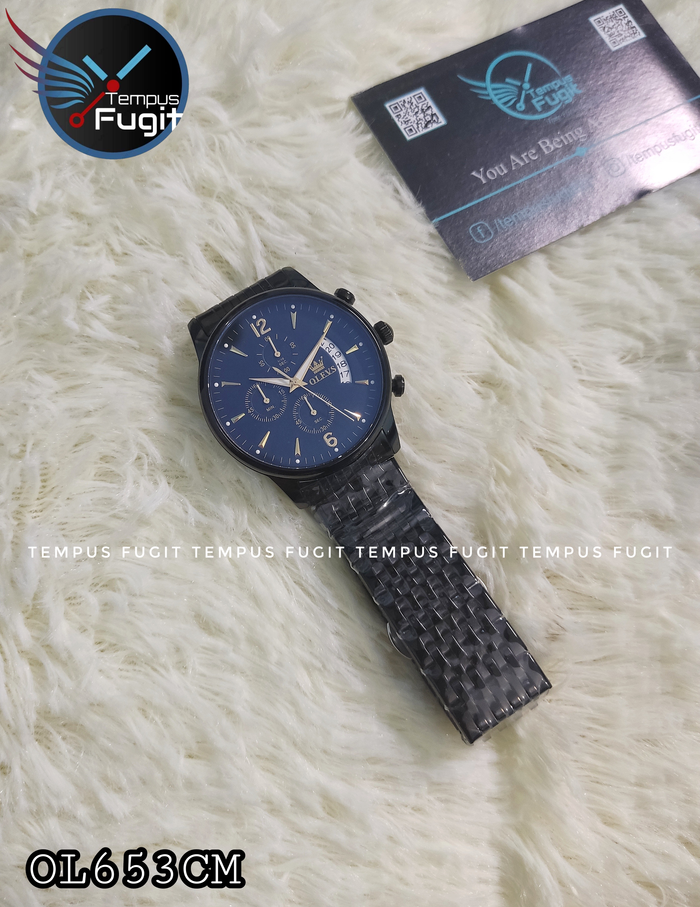 OLEVS 2867 Chronograph Gents Watch- Black Dial With Golden Markings- Black Bezel- Black Chain- TF Code OL653CM_img_2