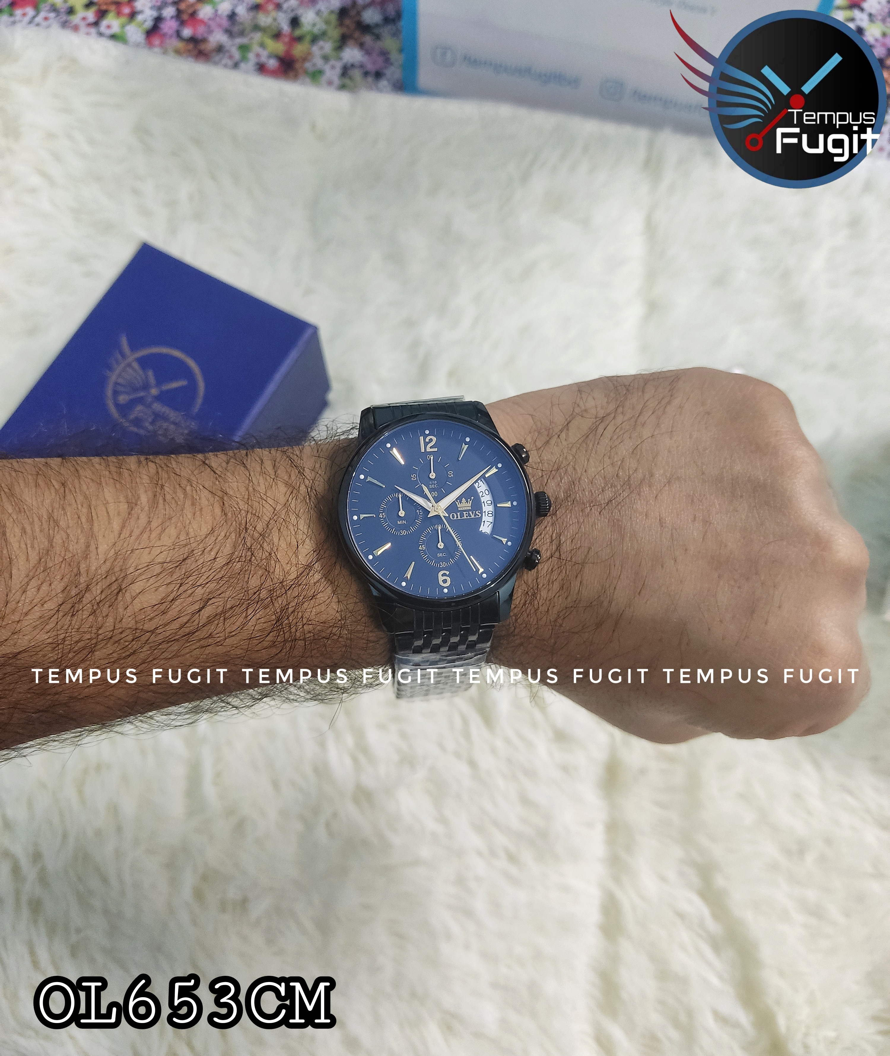 OLEVS 2867 Chronograph Gents Watch- Black Dial With Golden Markings- Black Bezel- Black Chain- TF Code OL653CM_img_3