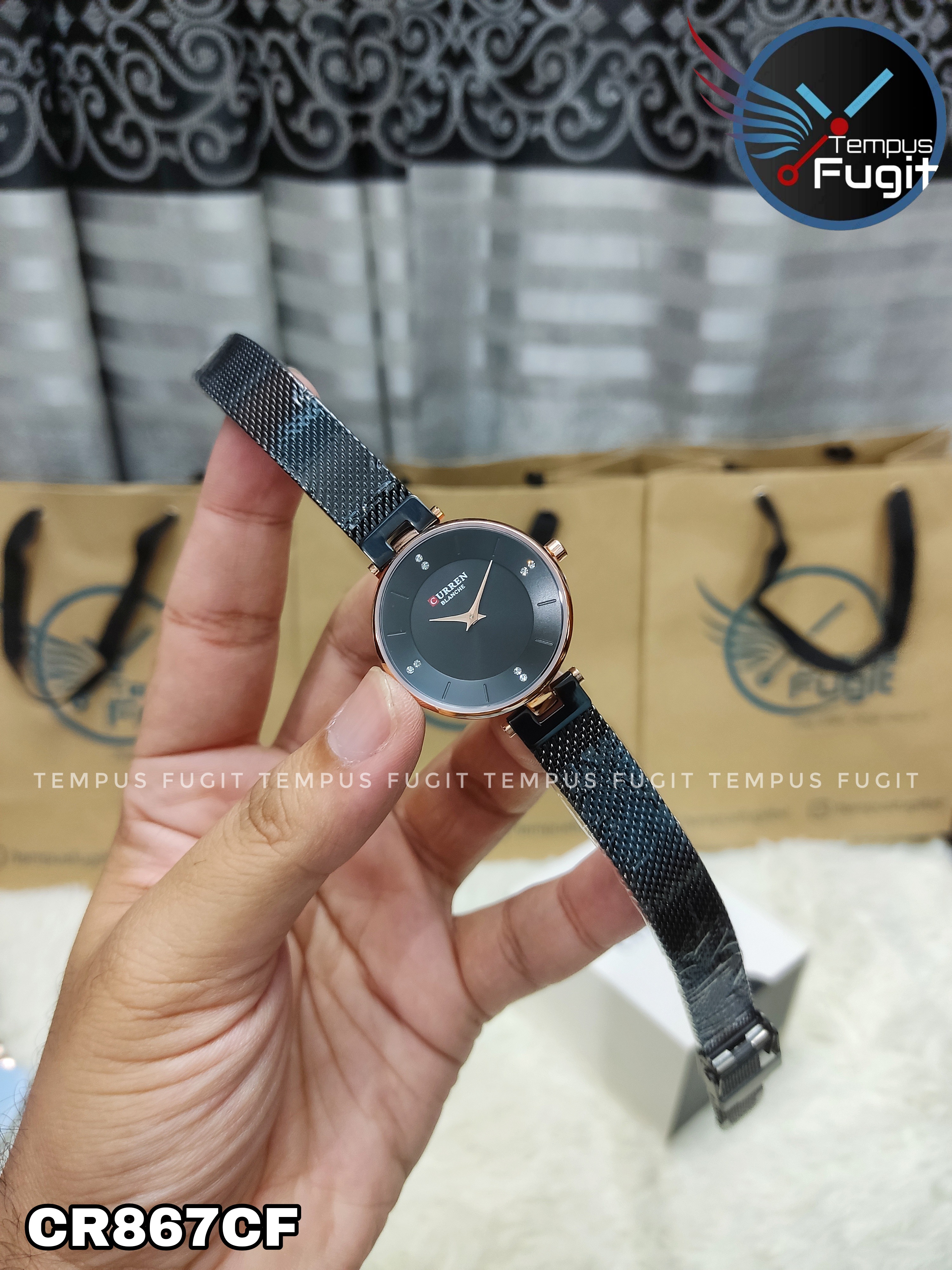 Curren 9031 Ladies Watch- Black Dial- Rose Golden Bezel- Black Mesh Chain -TF Code- CR867CF_img_2