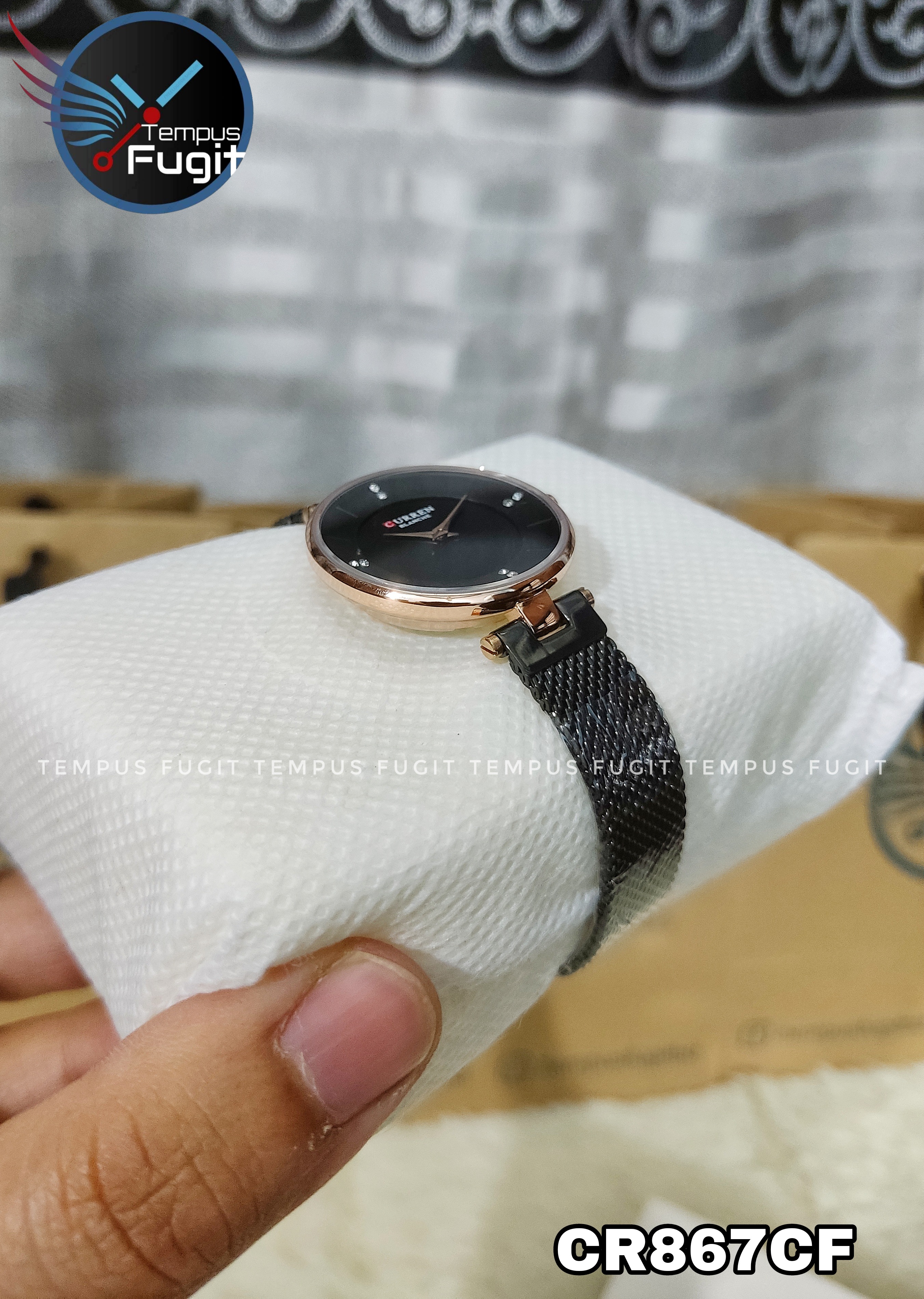 Curren 9031 Ladies Watch- Black Dial- Rose Golden Bezel- Black Mesh Chain -TF Code- CR867CF_img_3