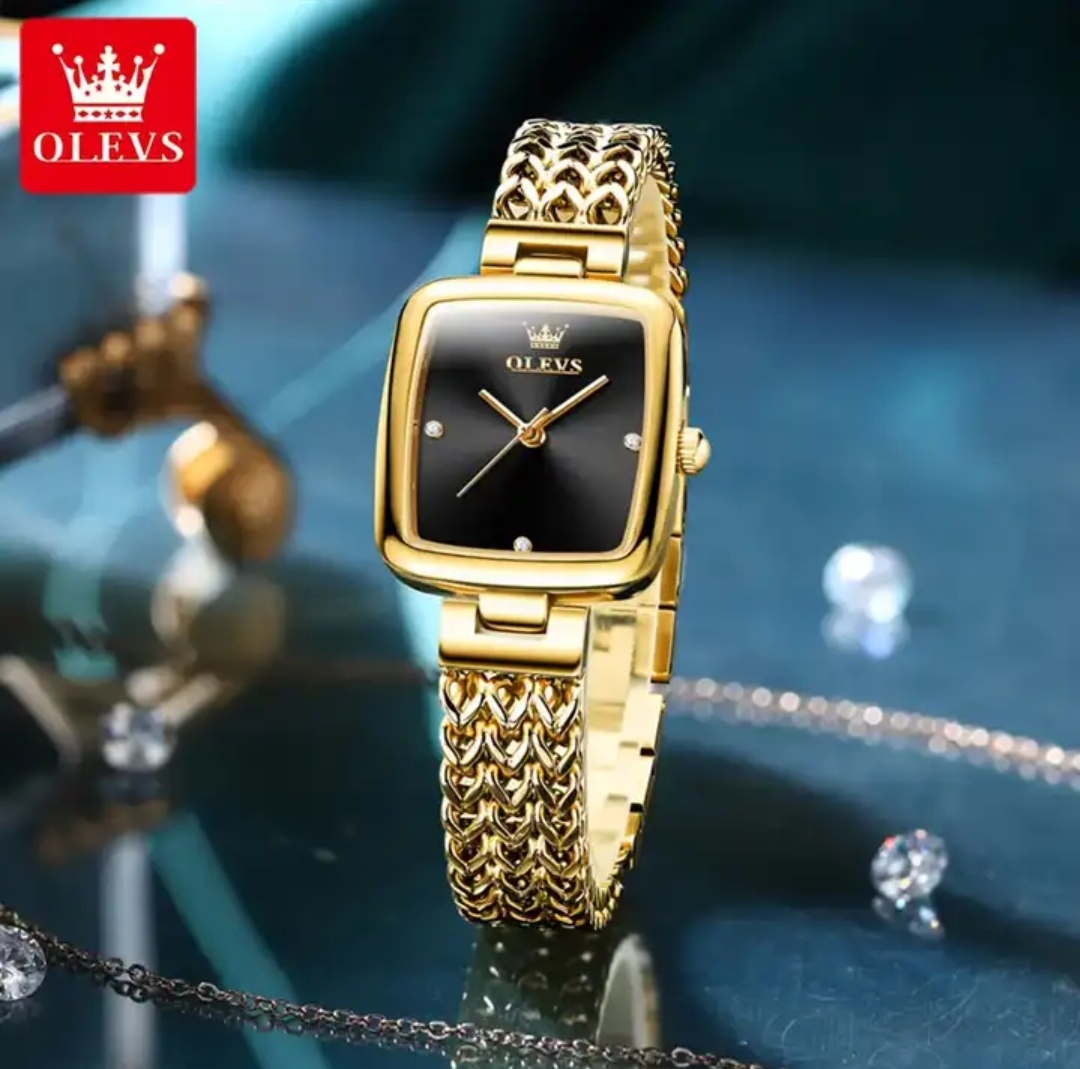 OLEVS 9948 Ladies Watch Rectangular Shape- Black Dial- Golden Bezel- Golden Chain- TF Code OL850CF_img_0