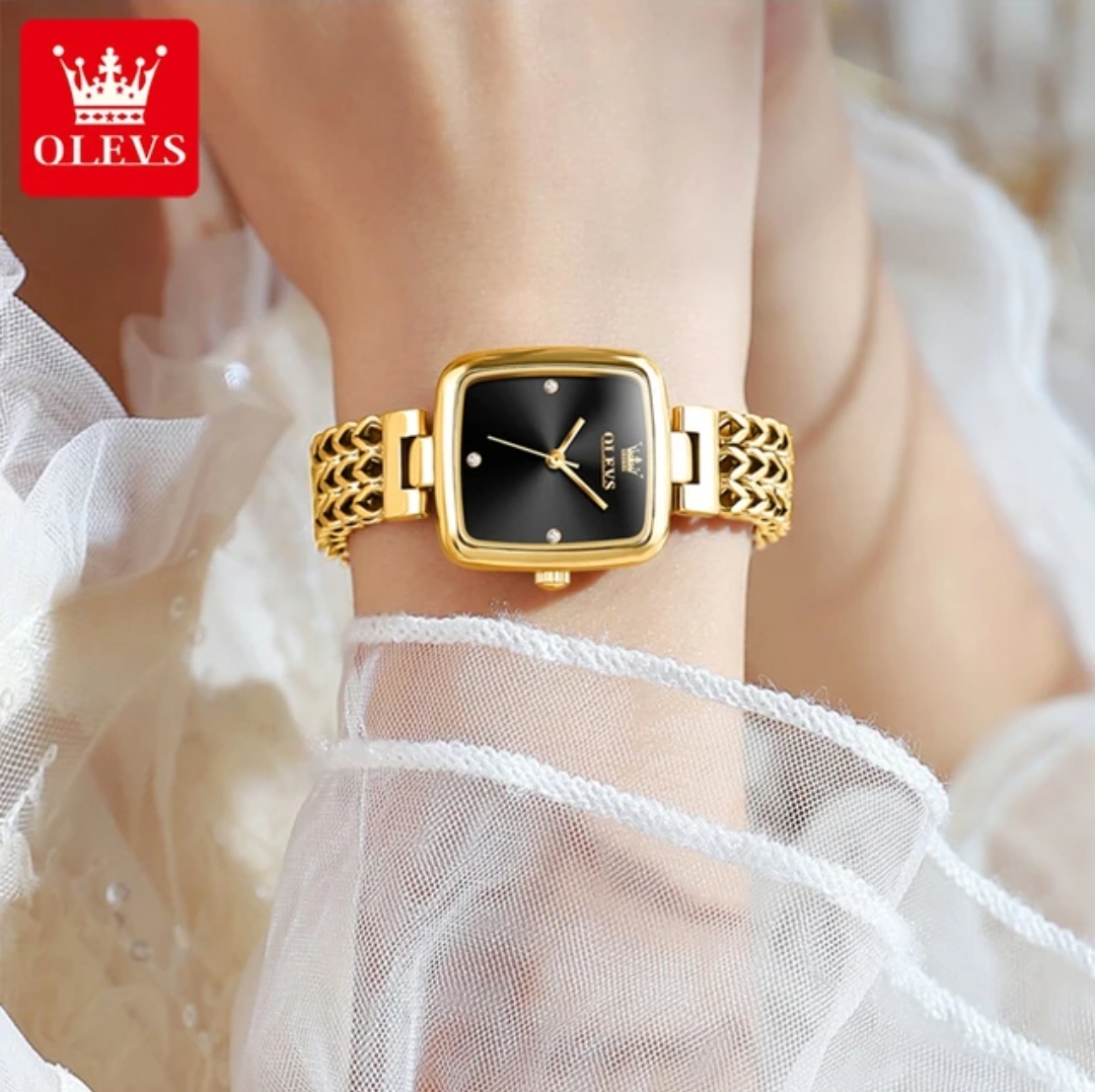 OLEVS 9948 Ladies Watch Rectangular Shape- Black Dial- Golden Bezel- Golden Chain- TF Code OL850CF_img_1