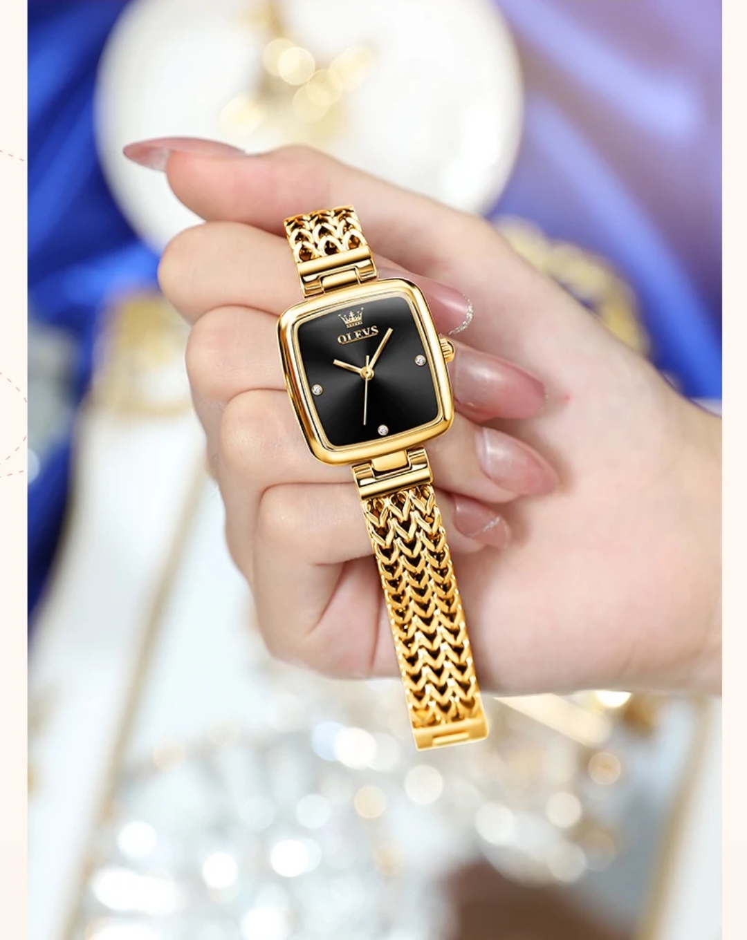 OLEVS 9948 Ladies Watch Rectangular Shape- Black Dial- Golden Bezel- Golden Chain- TF Code OL850CF_img_2