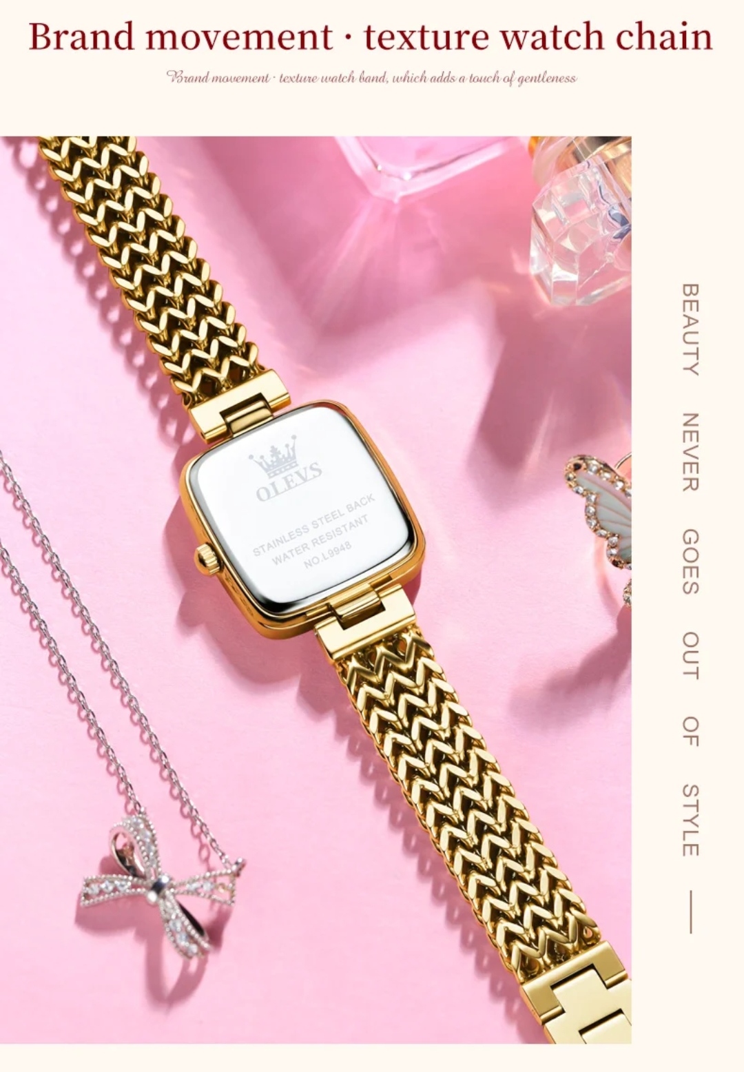 OLEVS 9948 Ladies Watch Rectangular Shape- Black Dial- Golden Bezel- Golden Chain- TF Code OL850CF_img_3