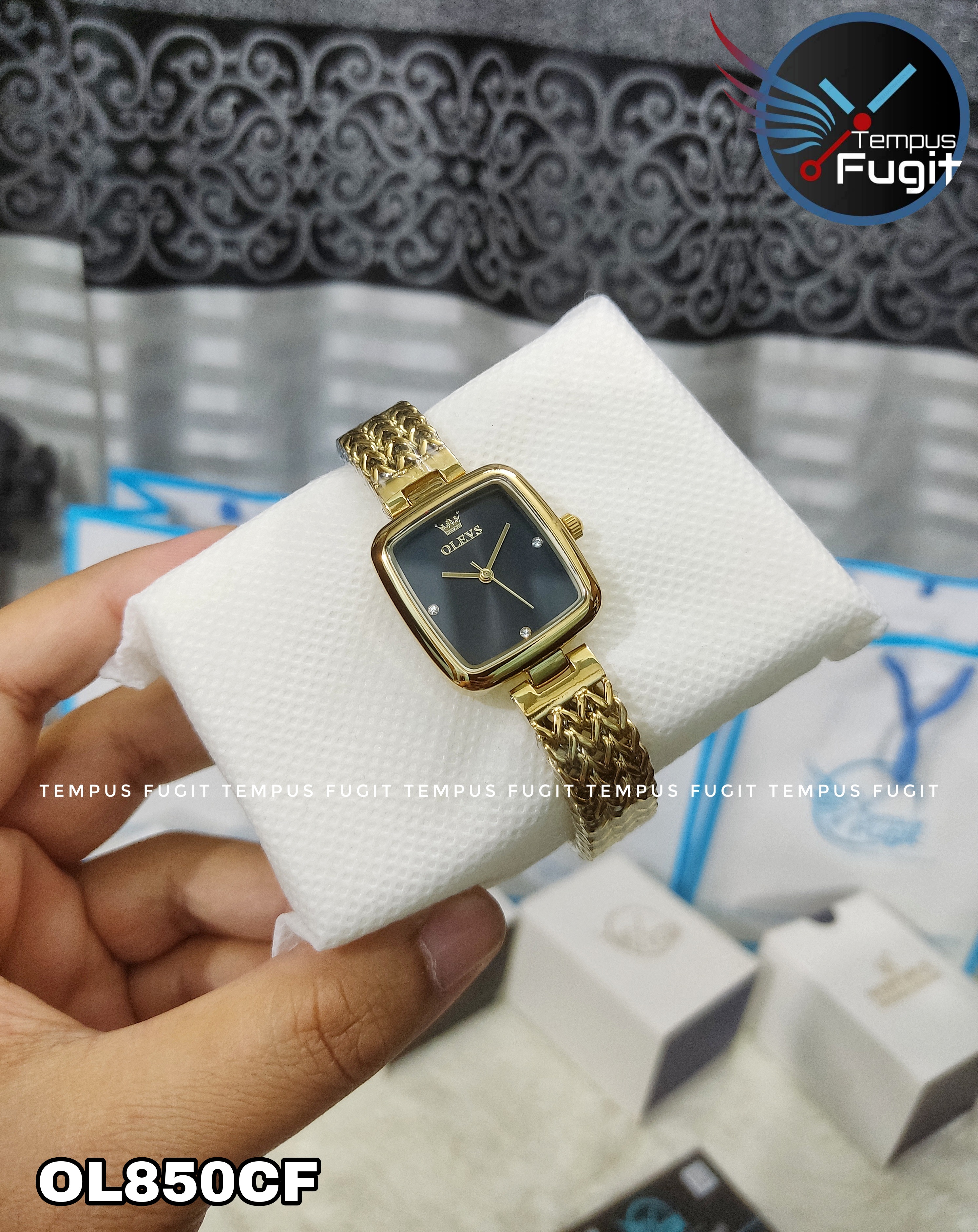 OLEVS 9948 Ladies Watch Rectangular Shape- Black Dial- Golden Bezel- Golden Chain- TF Code OL850CF_img_4