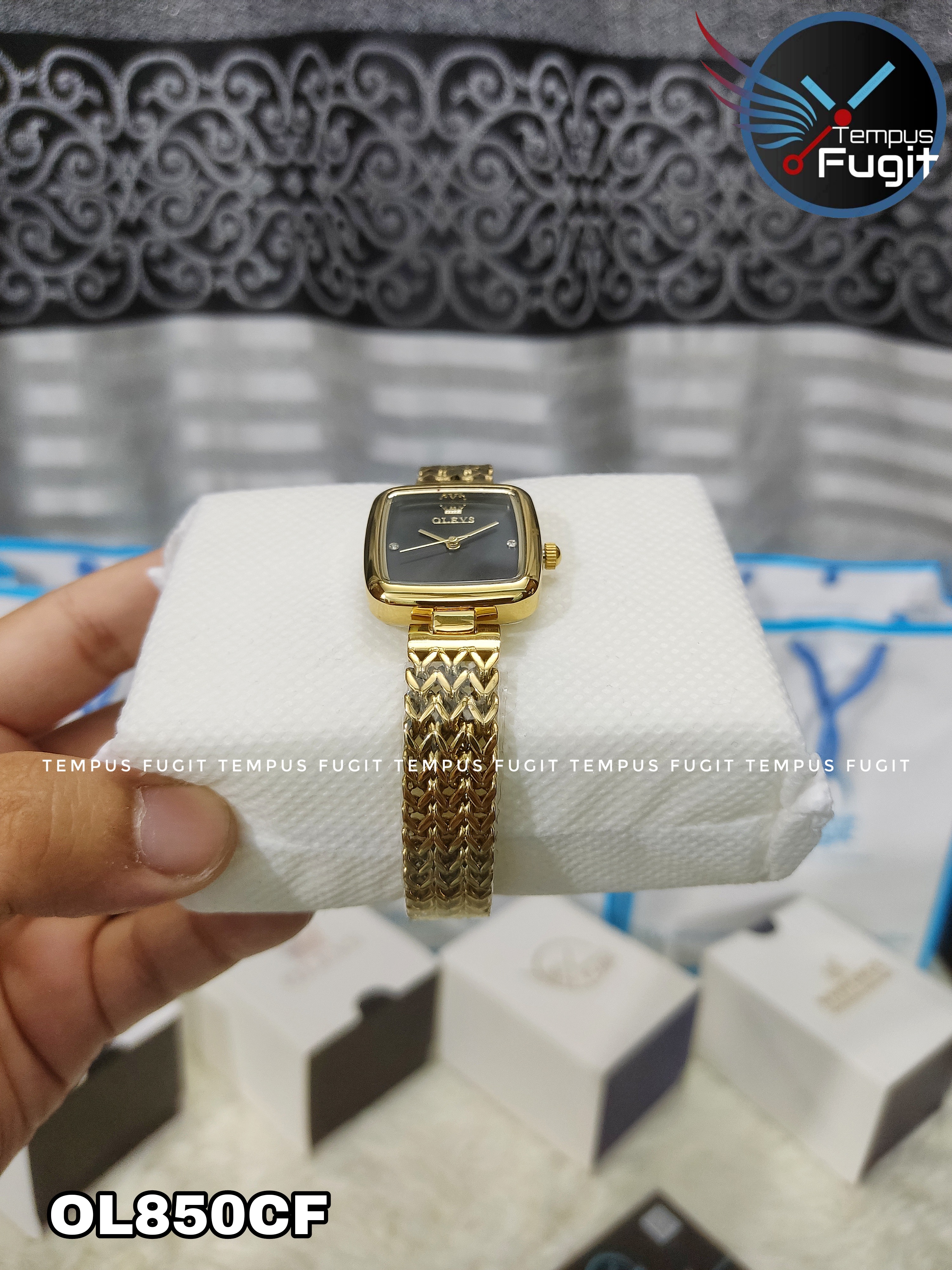 OLEVS 9948 Ladies Watch Rectangular Shape- Black Dial- Golden Bezel- Golden Chain- TF Code OL850CF_img_6