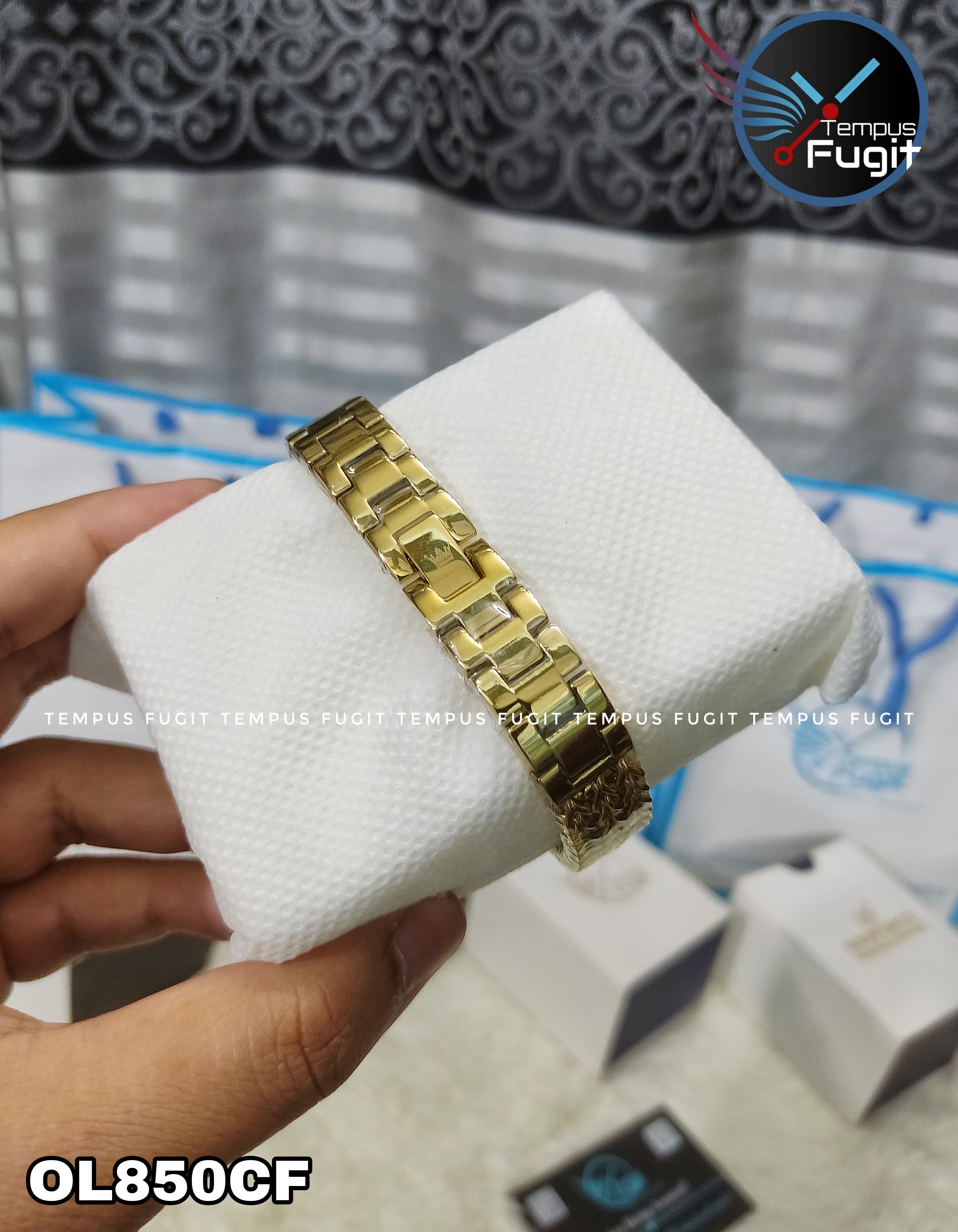 OLEVS 9948 Ladies Watch Rectangular Shape- Black Dial- Golden Bezel- Golden Chain- TF Code OL850CF_img_8