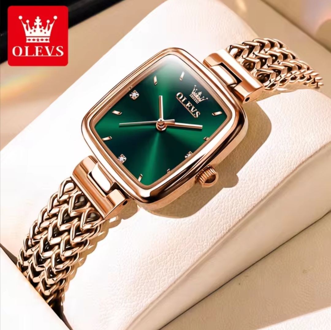 OLEVS 9948 Ladies Watch Rectangular Shape- Green Dial- Rose Golden Bezel- Rose Golden Chain- TF Code OL870CF_img_0