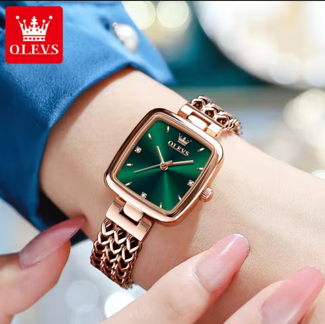 OLEVS 9948 Ladies Watch Rectangular Shape- Green Dial- Rose Golden Bezel- Rose Golden Chain- TF Code OL870CF_img_1