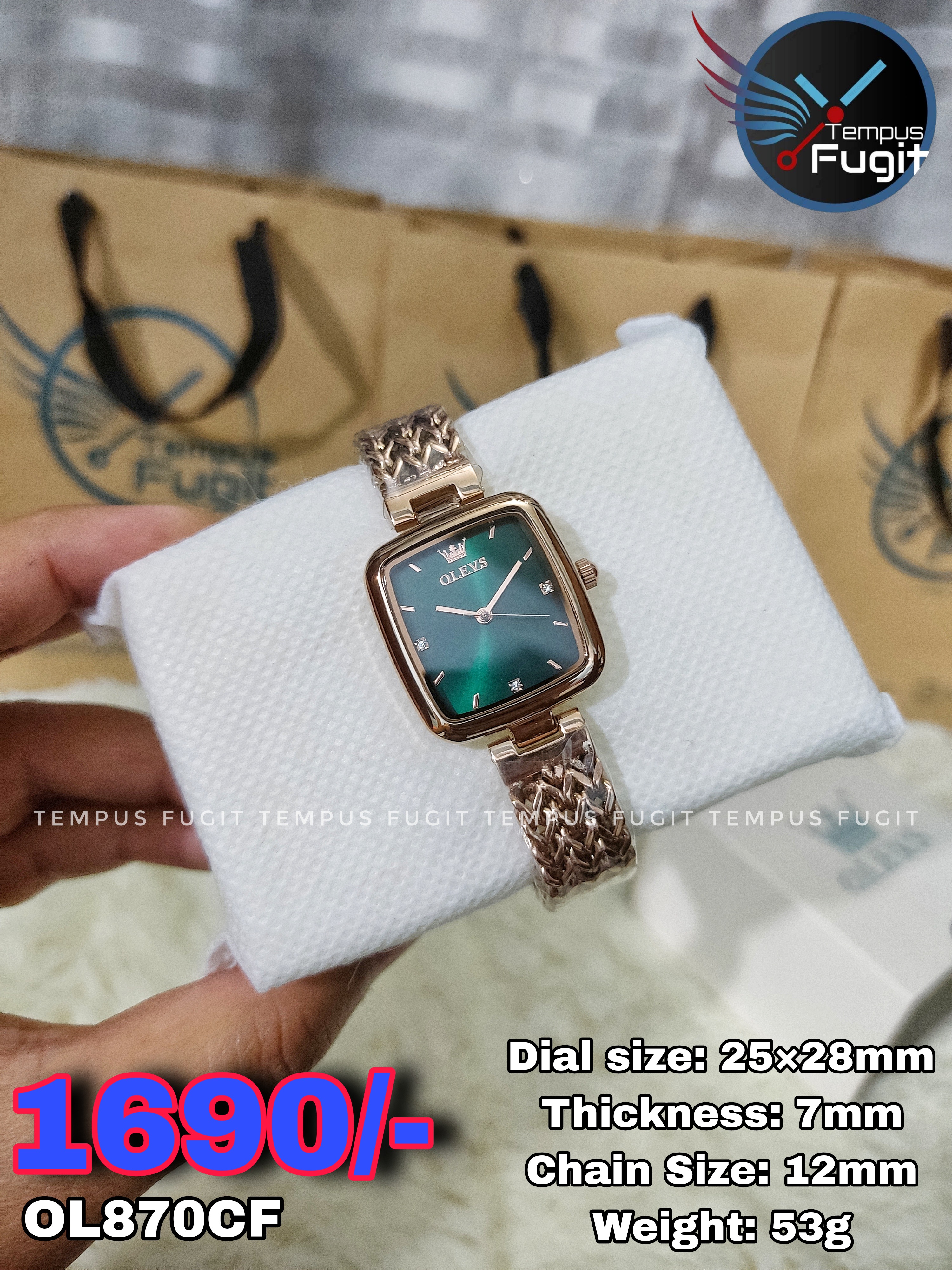 OLEVS 9948 Ladies Watch Rectangular Shape- Green Dial- Rose Golden Bezel- Rose Golden Chain- TF Code OL870CF_img_2