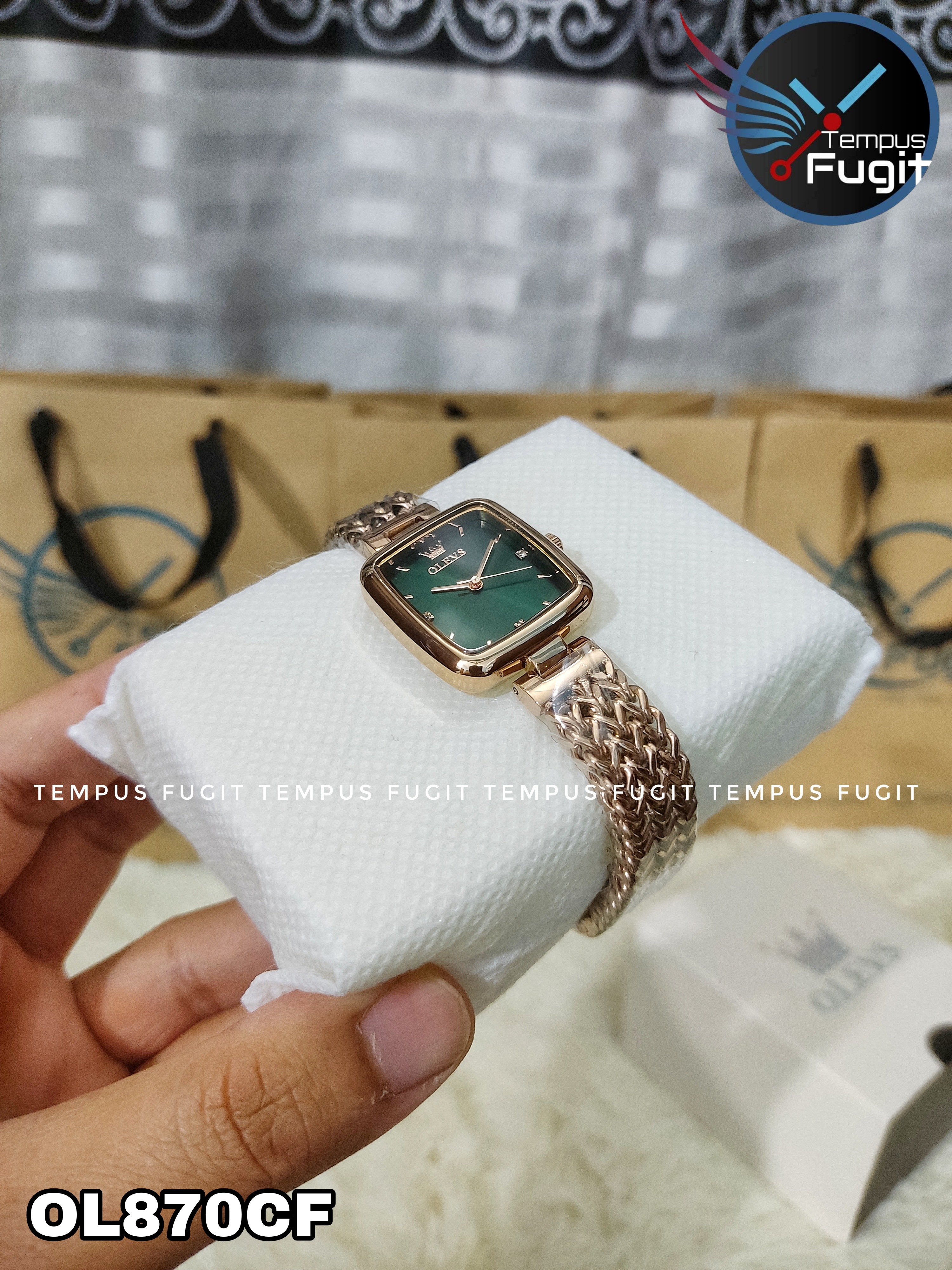 OLEVS 9948 Ladies Watch Rectangular Shape- Green Dial- Rose Golden Bezel- Rose Golden Chain- TF Code OL870CF_img_3