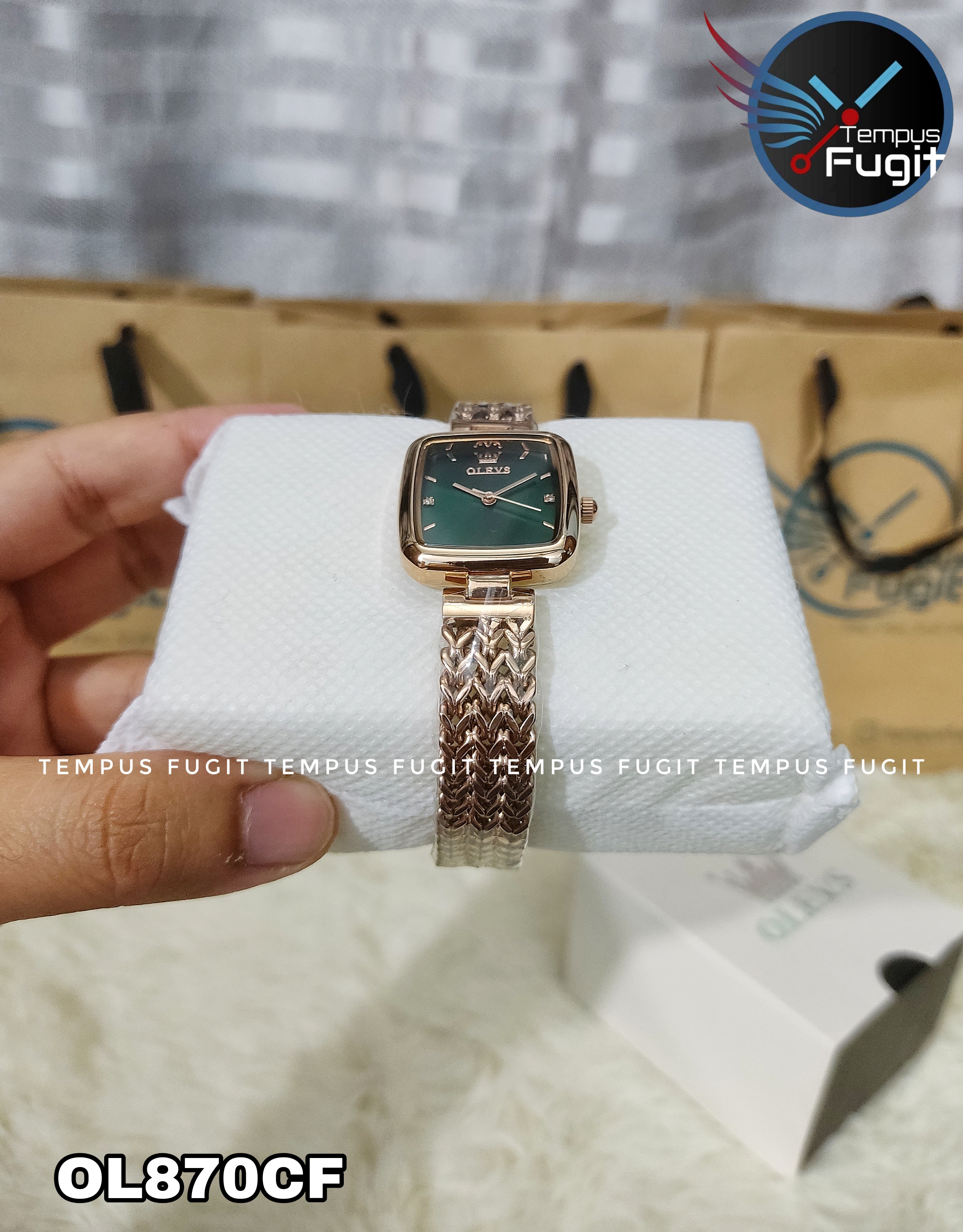 OLEVS 9948 Ladies Watch Rectangular Shape- Green Dial- Rose Golden Bezel- Rose Golden Chain- TF Code OL870CF_img_4