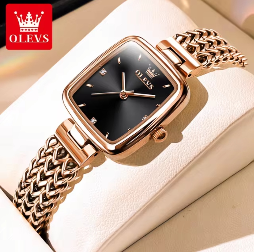 OLEVS 9948 Ladies Watch Rectangular Shape- Black Dial- Rose Golden Bezel- Rose Golden Chain- TF Code OL887CF_img_0