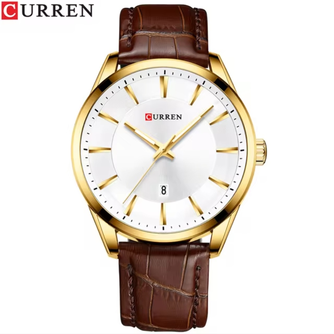 Curren 8365 Leather Gents Watch- Silver Dial- Golden Bezel- Coffee Belt- TF Code CR645BM_img_0