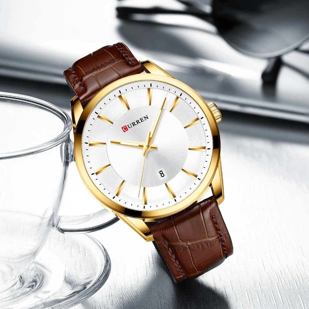 Curren 8365 Leather Gents Watch- Silver Dial- Golden Bezel- Coffee Belt- TF Code CR645BM_img_1
