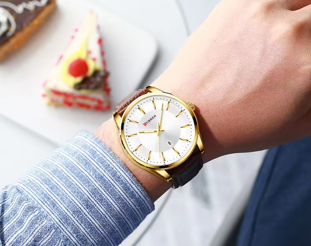 Curren 8365 Leather Gents Watch- Silver Dial- Golden Bezel- Coffee Belt- TF Code CR645BM_img_2