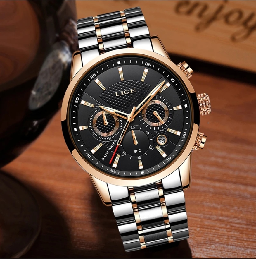 LIGE 9866 Ments Quartz Chronograph Watch- Black Dial- Rose Golden Bezel- Rose Golden+Silver Chain- TF Code LG433CM_img_0