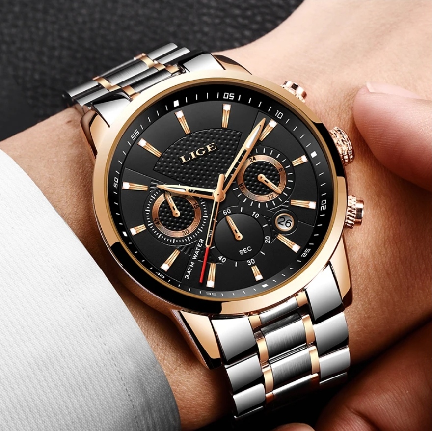 LIGE 9866 Ments Quartz Chronograph Watch- Black Dial- Rose Golden Bezel- Rose Golden+Silver Chain- TF Code LG433CM_img_1