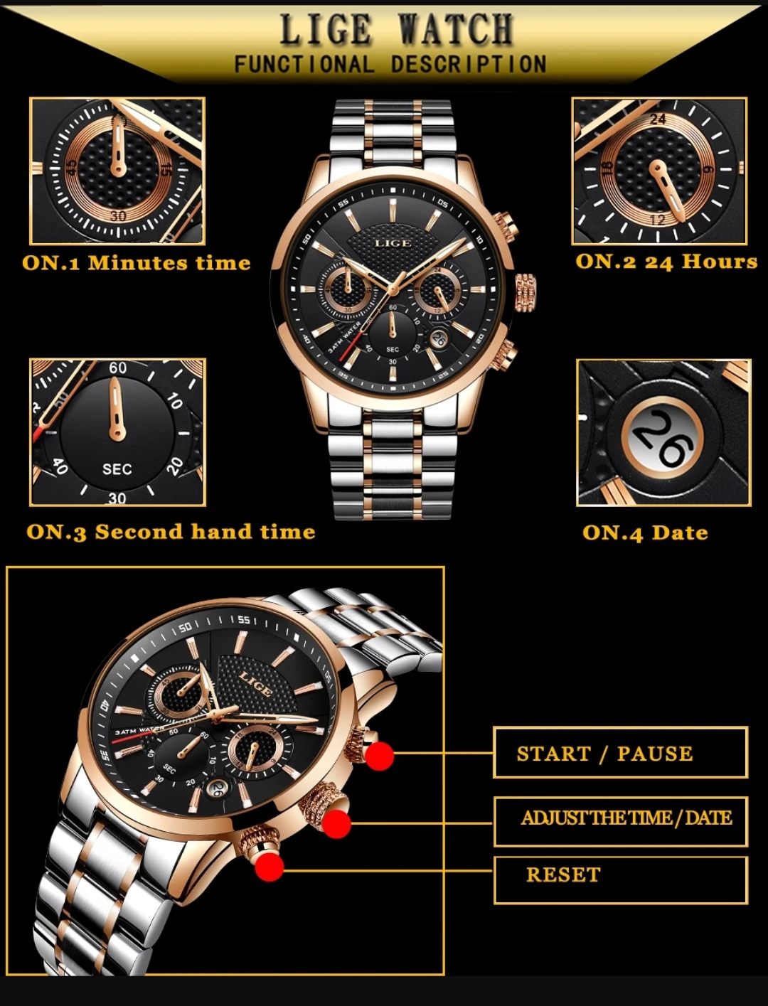 LIGE 9866 Ments Quartz Chronograph Watch- Black Dial- Rose Golden Bezel- Rose Golden+Silver Chain- TF Code LG433CM_img_2