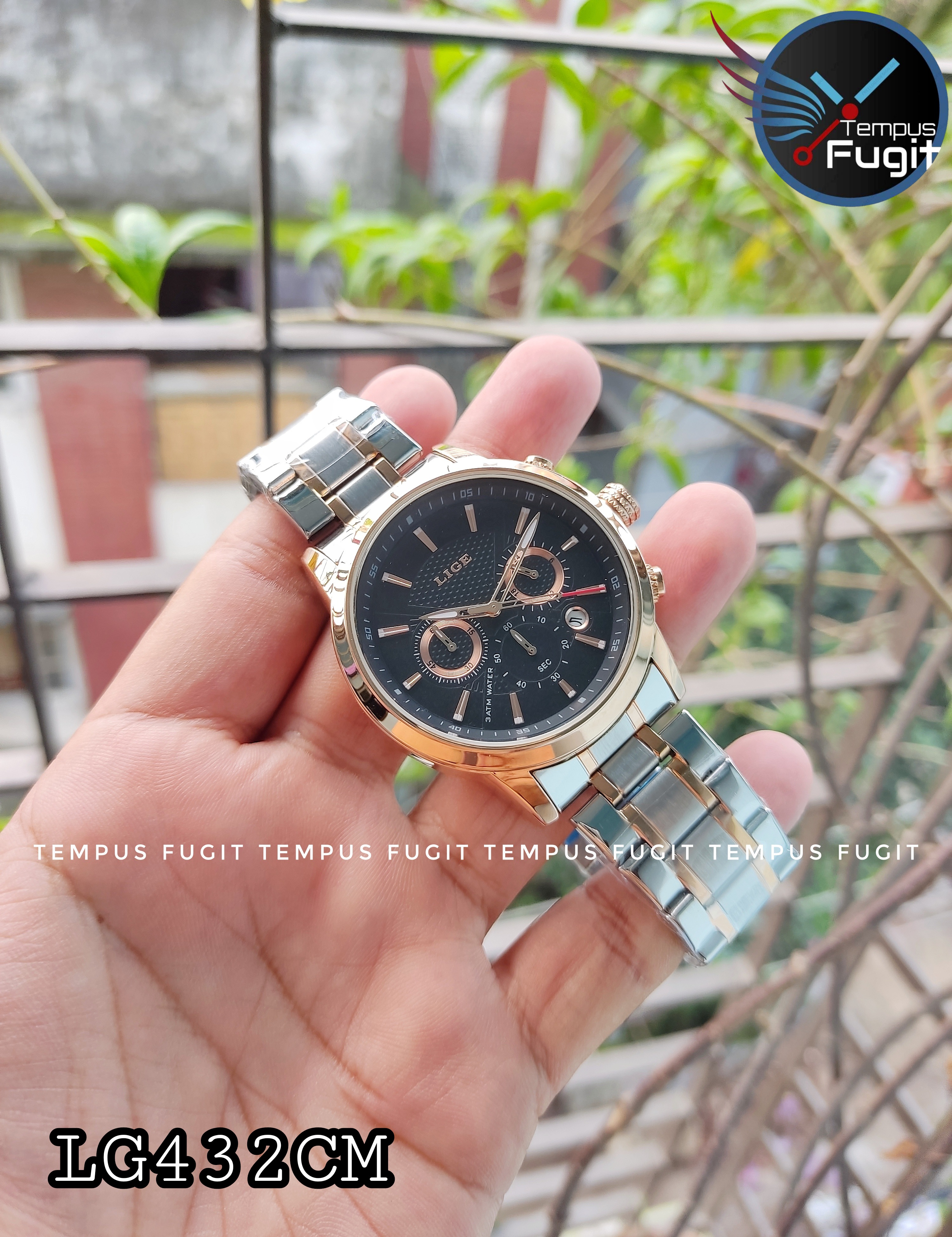 LIGE 9866 Ments Quartz Chronograph Watch- Black Dial- Rose Golden Bezel- Rose Golden+Silver Chain- TF Code LG433CM_img_3