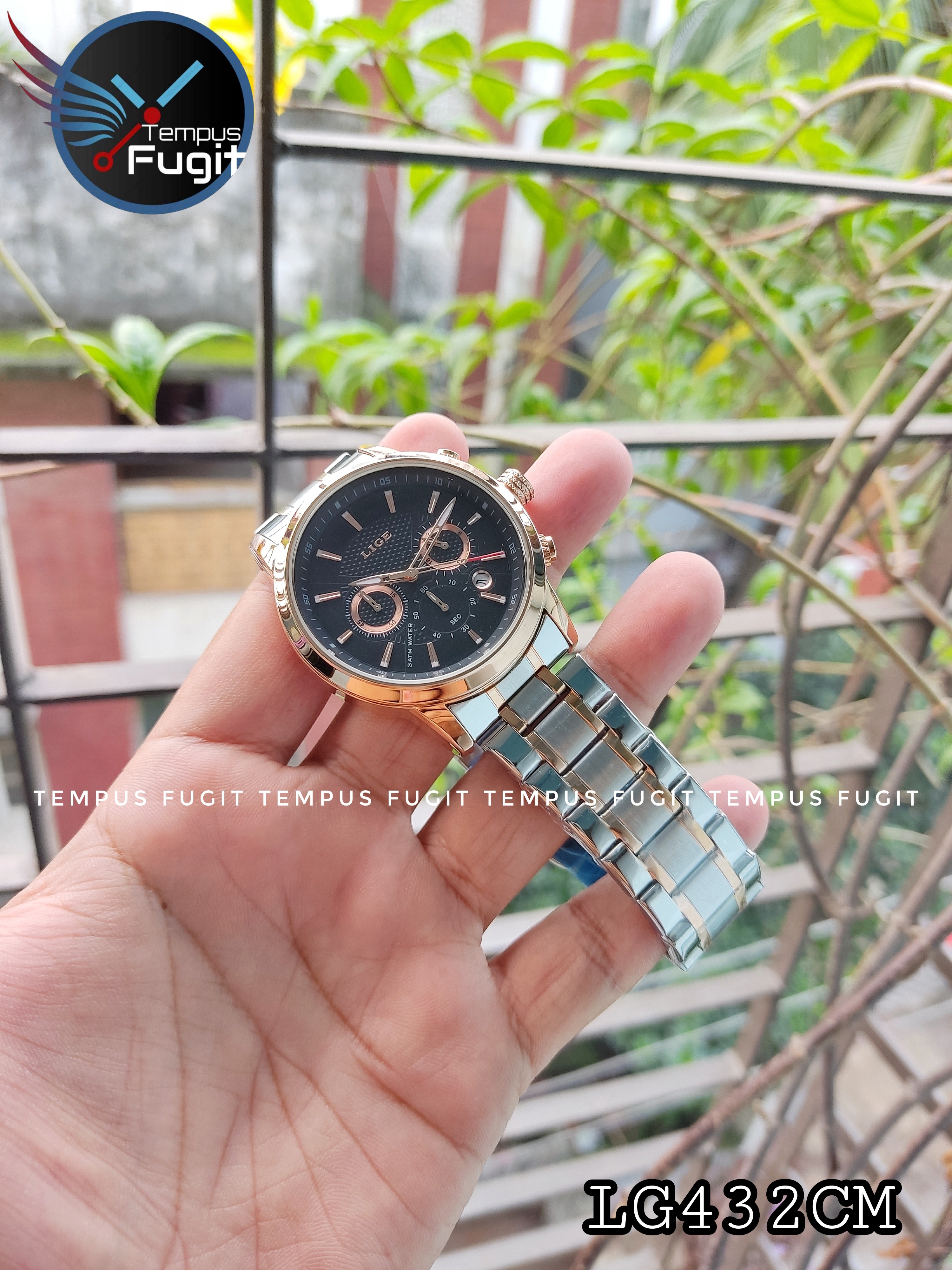 LIGE 9866 Ments Quartz Chronograph Watch- Black Dial- Rose Golden Bezel- Rose Golden+Silver Chain- TF Code LG433CM_img_4