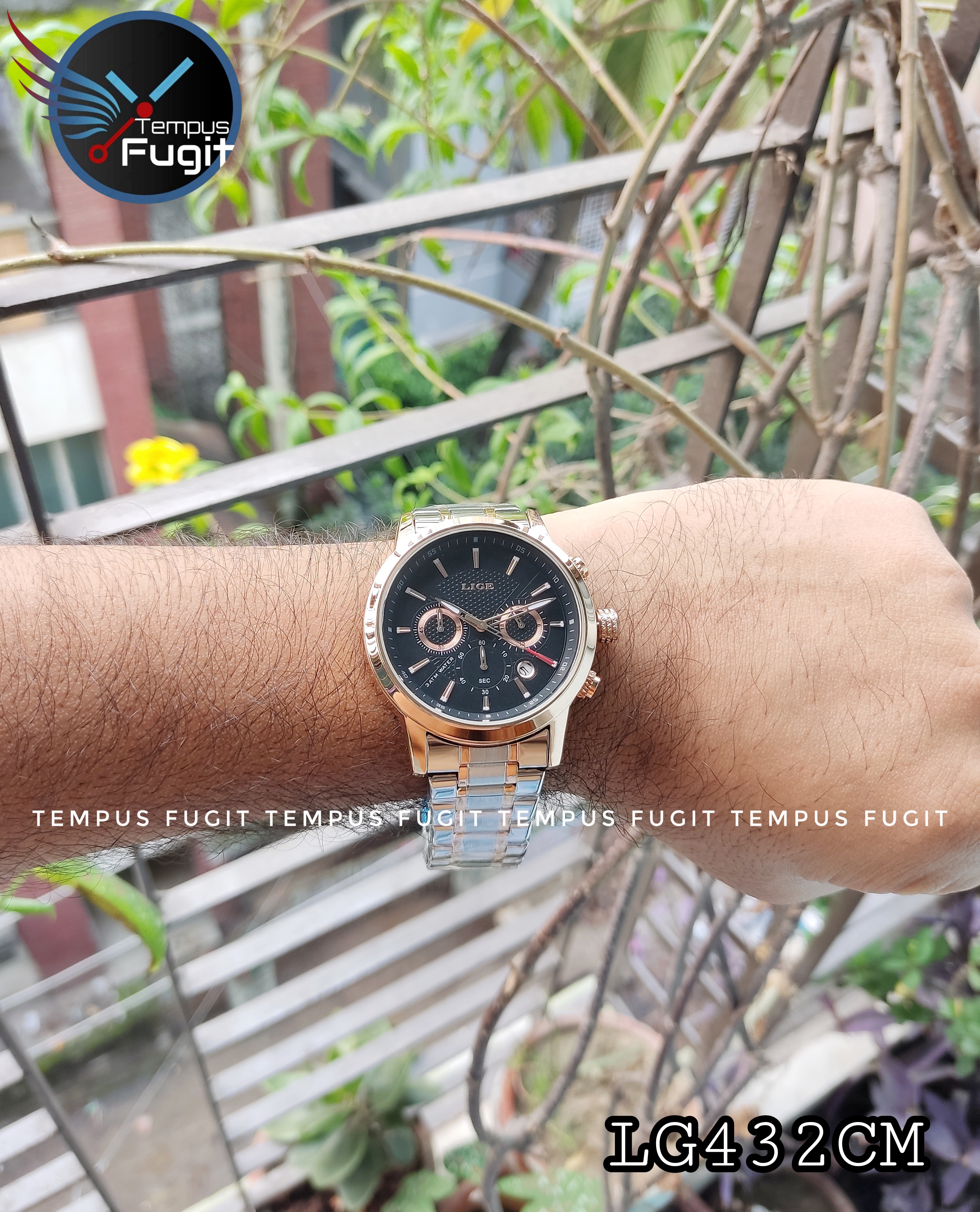 LIGE 9866 Ments Quartz Chronograph Watch- Black Dial- Rose Golden Bezel- Rose Golden+Silver Chain- TF Code LG433CM_img_5