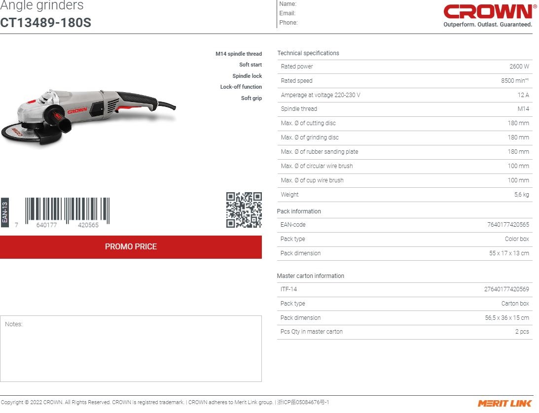 CROWN CT13489S 7" Professional Angle Grinder with Soft Start, 2600W, 180mm, Rear switch; CT13489S-180_img_1
