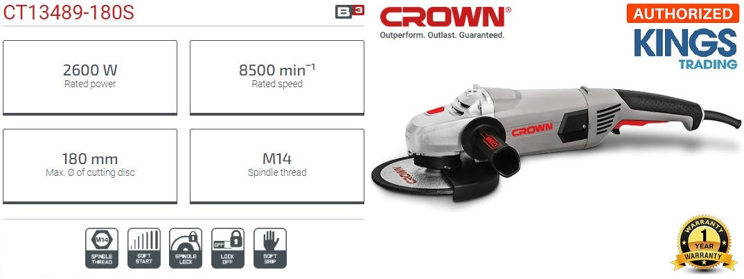 CROWN CT13489S 7" Professional Angle Grinder with Soft Start, 2600W, 180mm, Rear switch; CT13489S-180_img_2