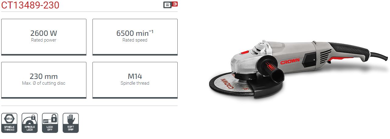 CROWN CT13489 9" Professional Angle Grinder, 2600W, 180mm, Rear switch; CT13489-230_img_3