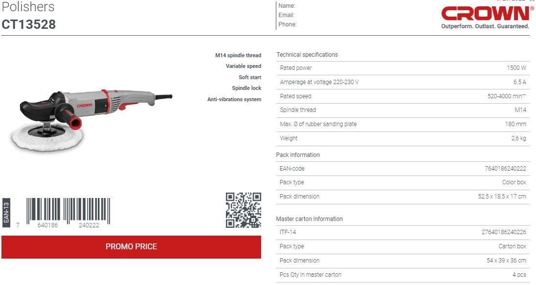 CROWN ,CT13528, 7" Professional Polisher, 1500W, 180mm, Angle Polisher, Car Polisher; CT13528_img_3