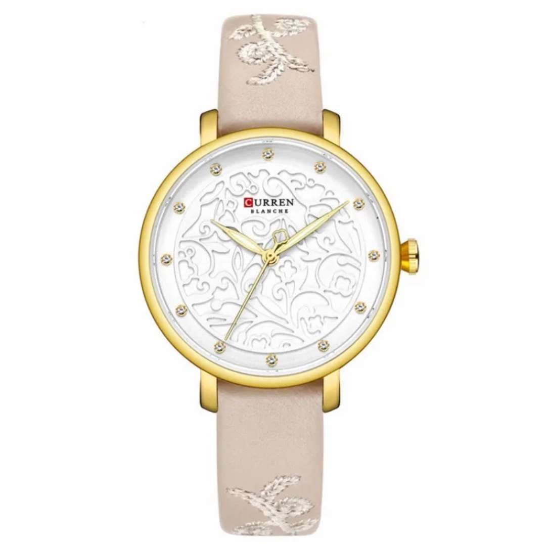 Curren 9046 Leather Ladies Watch - White Dial- Golden Bezel- Off White Belt- TF Code CR252BF_img_0