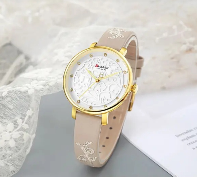 Curren 9046 Leather Ladies Watch - White Dial- Golden Bezel- Off White Belt- TF Code CR252BF_img_1