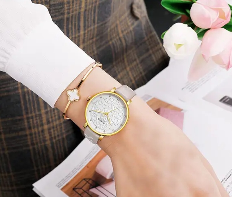 Curren 9046 Leather Ladies Watch - White Dial- Golden Bezel- Off White Belt- TF Code CR252BF_img_2