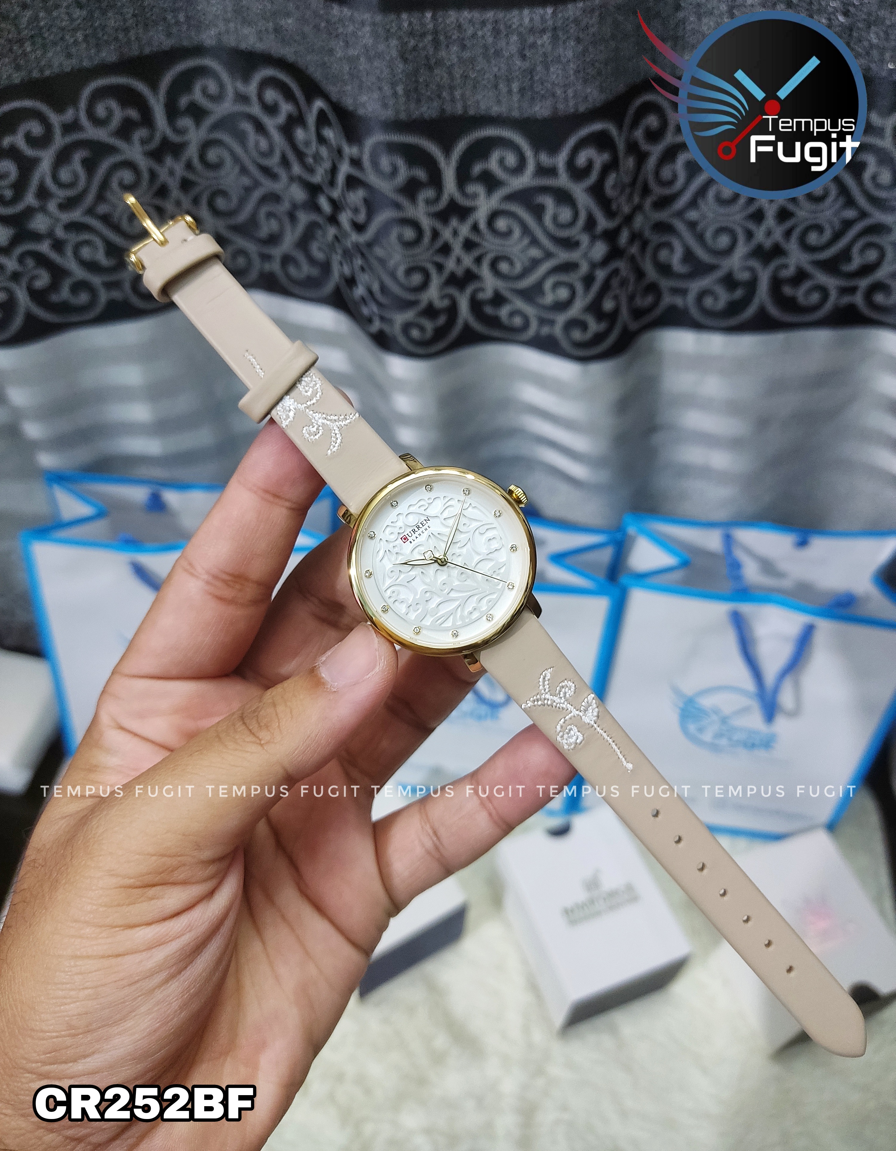 Curren 9046 Leather Ladies Watch - White Dial- Golden Bezel- Off White Belt- TF Code CR252BF_img_3