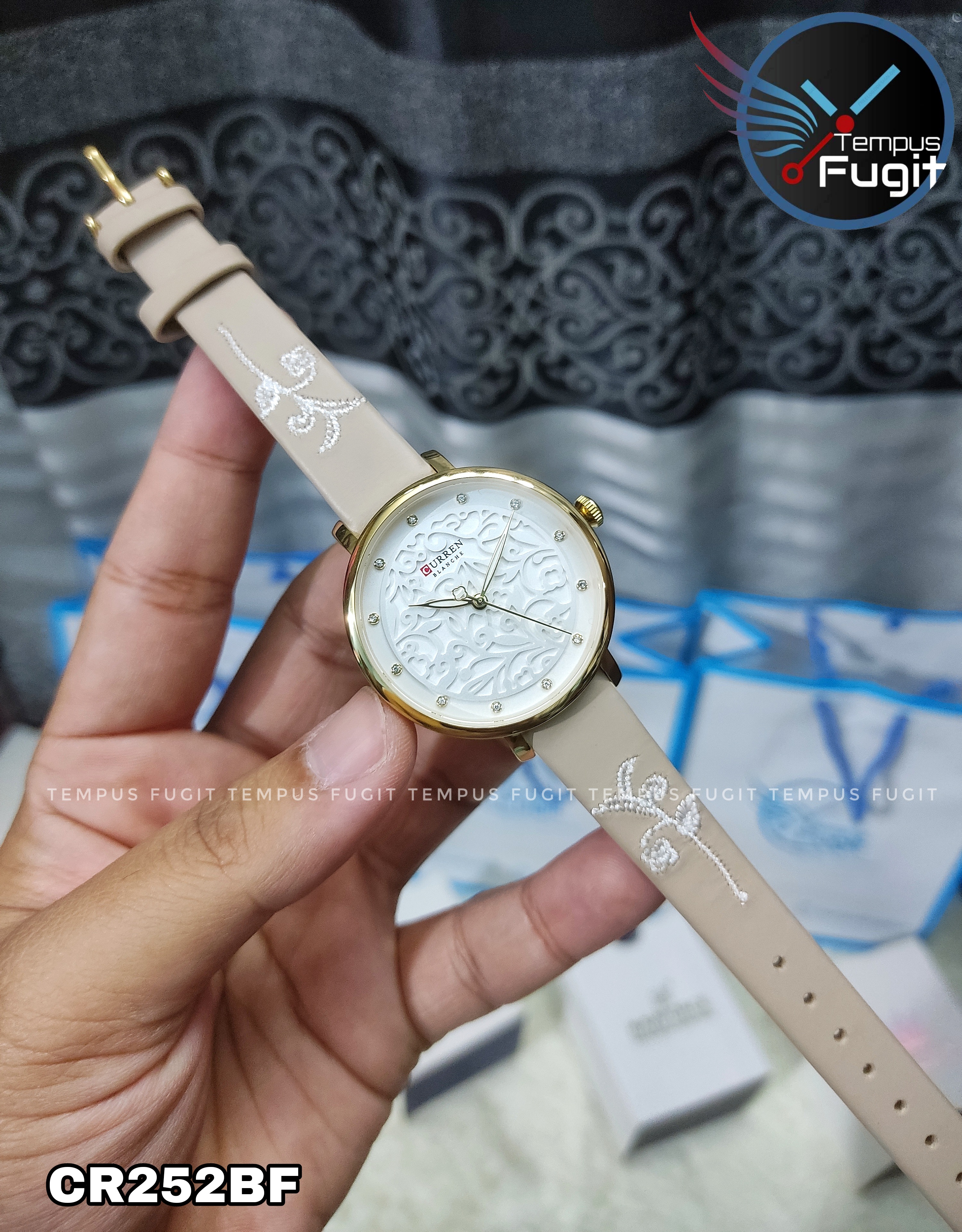 Curren 9046 Leather Ladies Watch - White Dial- Golden Bezel- Off White Belt- TF Code CR252BF_img_4