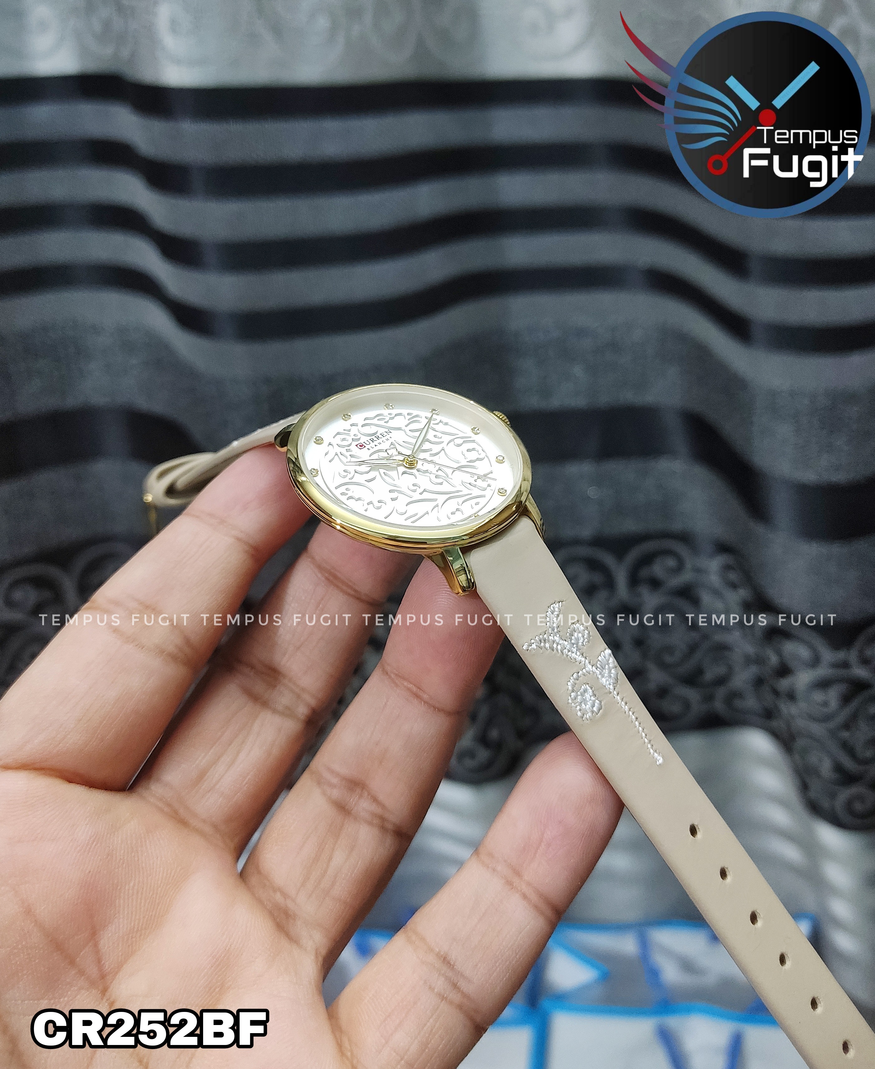 Curren 9046 Leather Ladies Watch - White Dial- Golden Bezel- Off White Belt- TF Code CR252BF_img_5