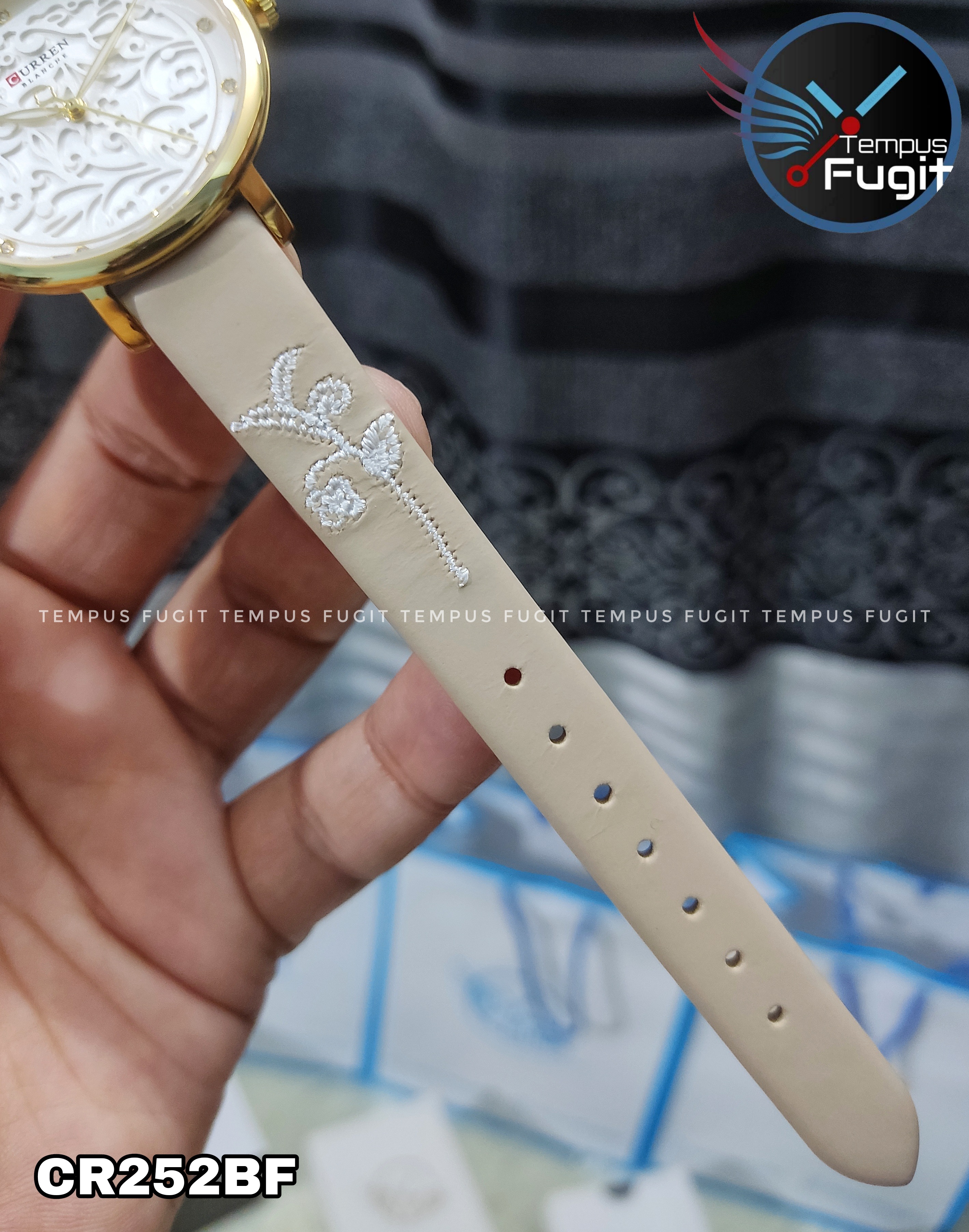 Curren 9046 Leather Ladies Watch - White Dial- Golden Bezel- Off White Belt- TF Code CR252BF_img_7