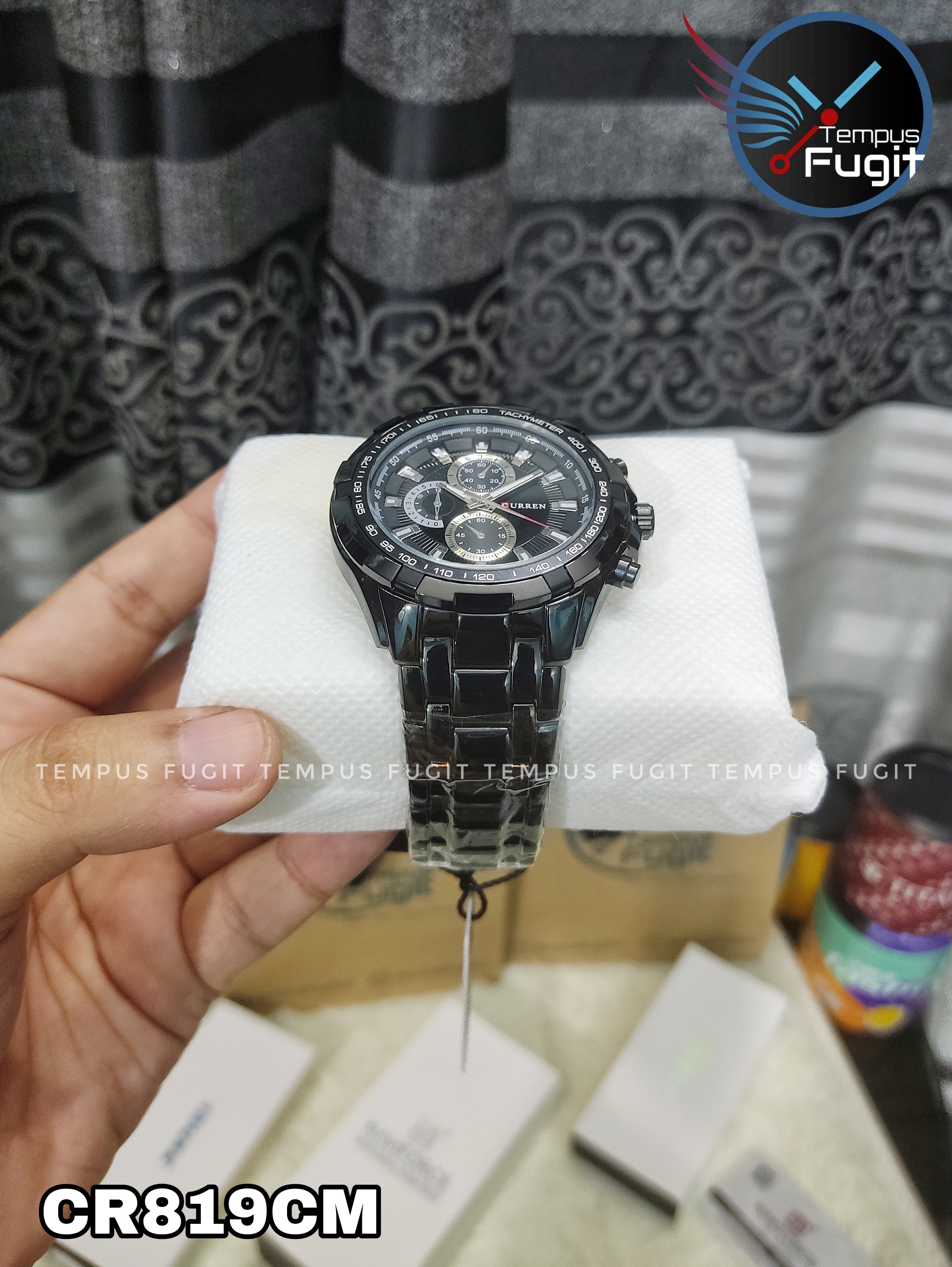 Curren 8023 Gents Watch- Black Dial with Silver Markings- Black Bezel- Black Chain- TF Code CR819CM_img_3