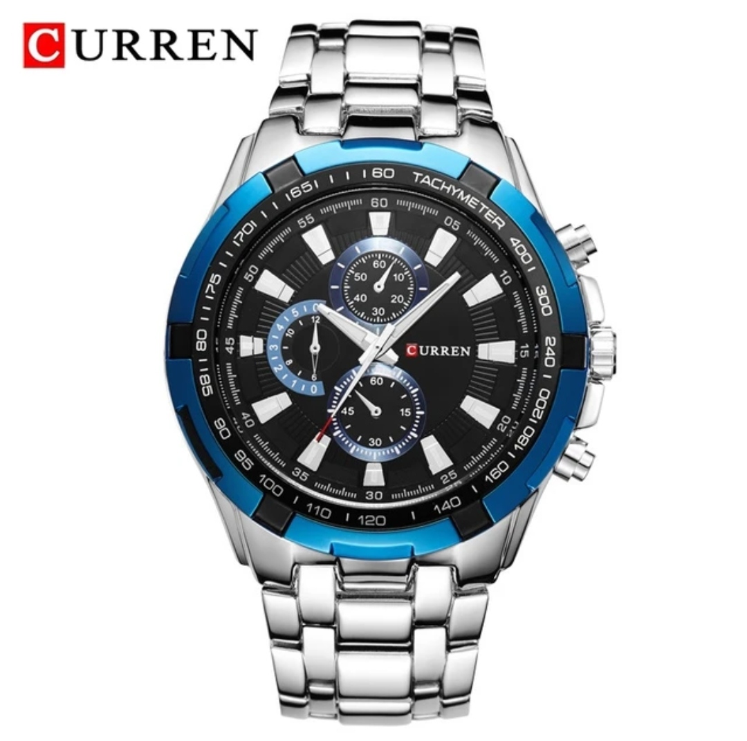 Curren 8023 Gents Watch- Blue Dial with Silver Markings- Blue Bezel- Silver Chain- TF Code CR424CM_img_0