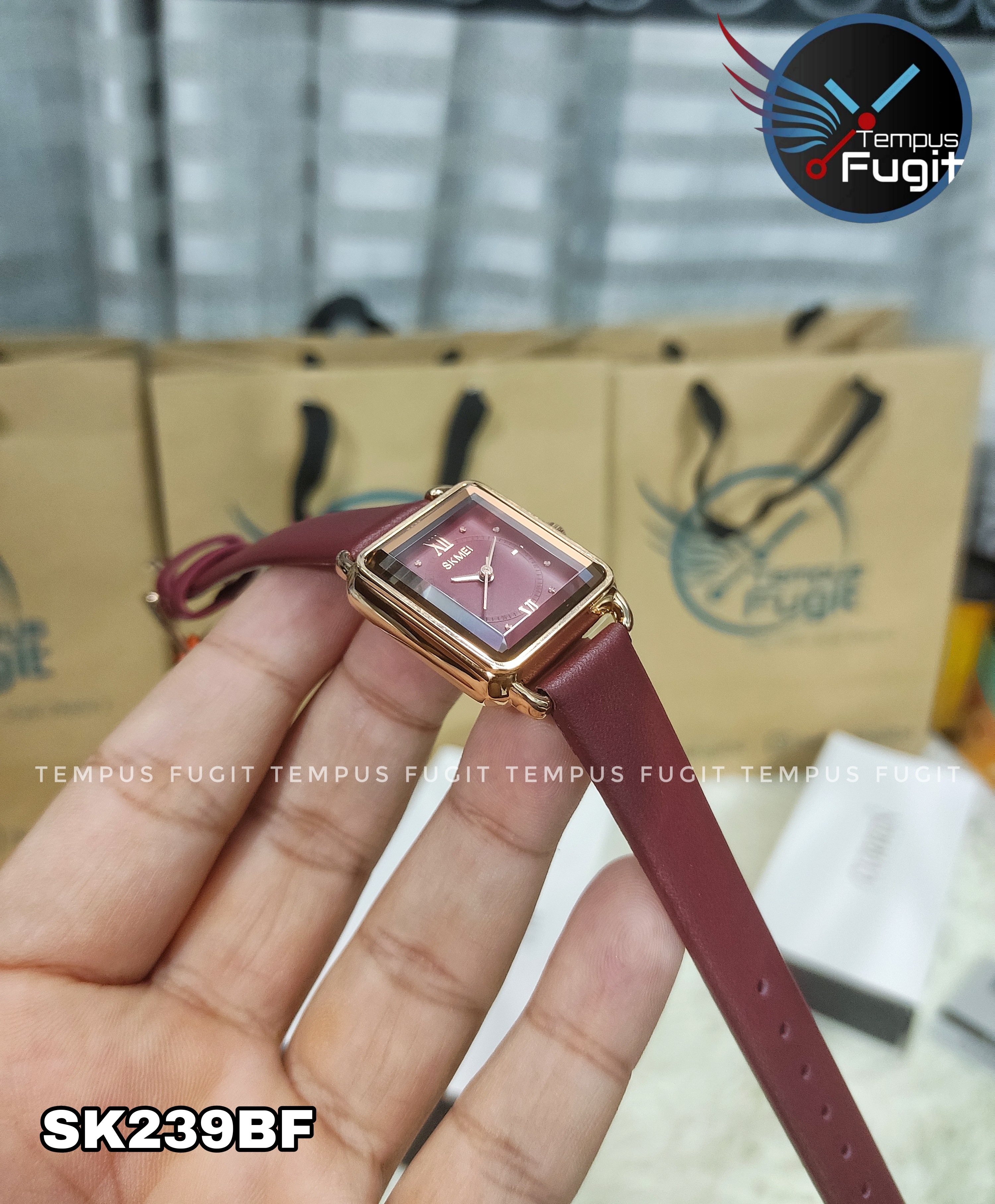 Skmei 1702 3D Glass Square Shaped Ladies Watch - Maroon Dial- Rose Golden Bezel- Maroon Belt- TF Code SK239BF_img_4